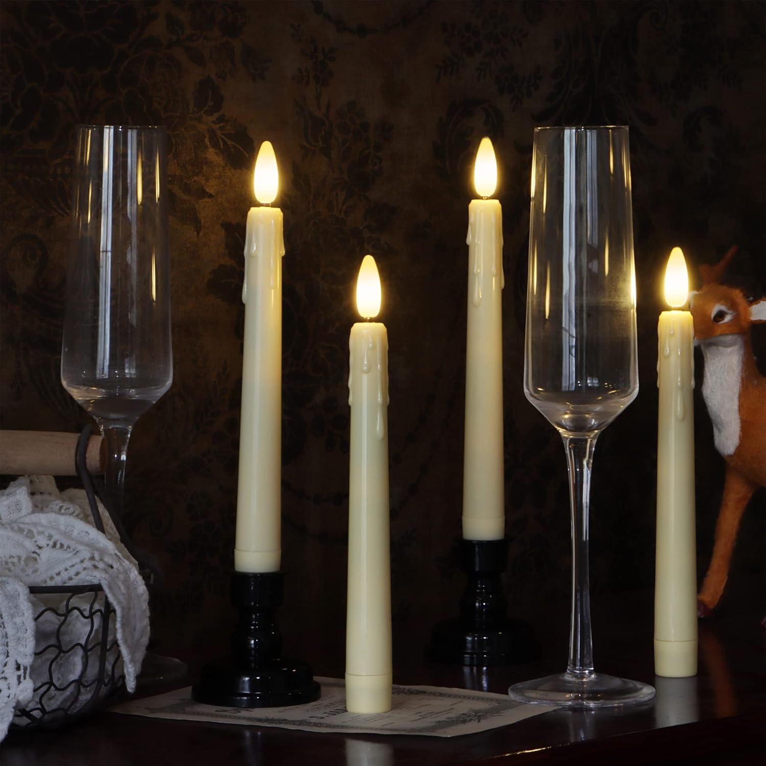 yunsheng Battery Operated LED Window Candles with Remote Timer, 8 Inches Ivory Flameless Taper Flickering Candles, Removable Black Candlesticks and Suction Cups, Holiday, Home Decor, 4 Pack