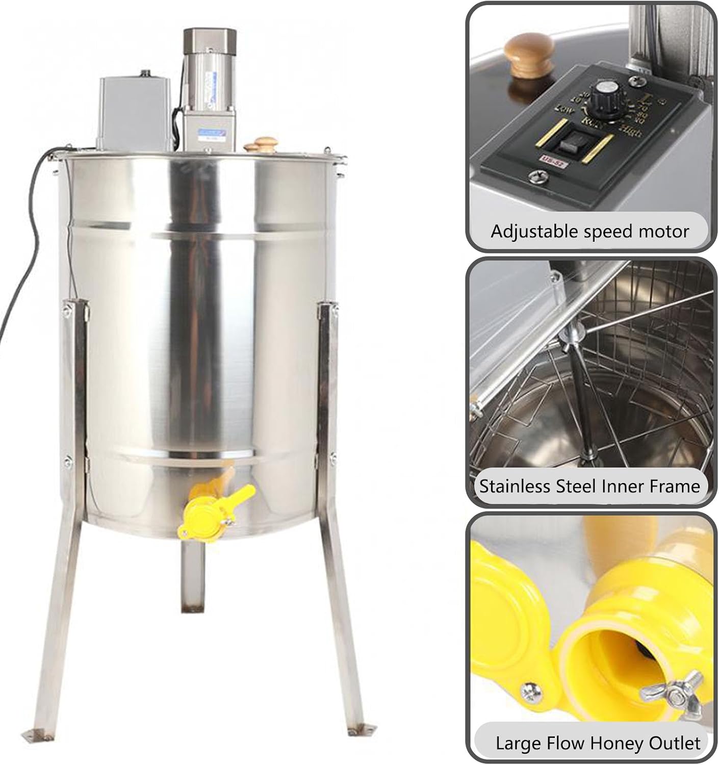 Electric Honey Extractor, 3/4 Frame Stainless Steel Honey Centrifuge Extractor, Adjustable Speed Motor, with Transparent Lid for Apiaries and Family Use,4 Frames