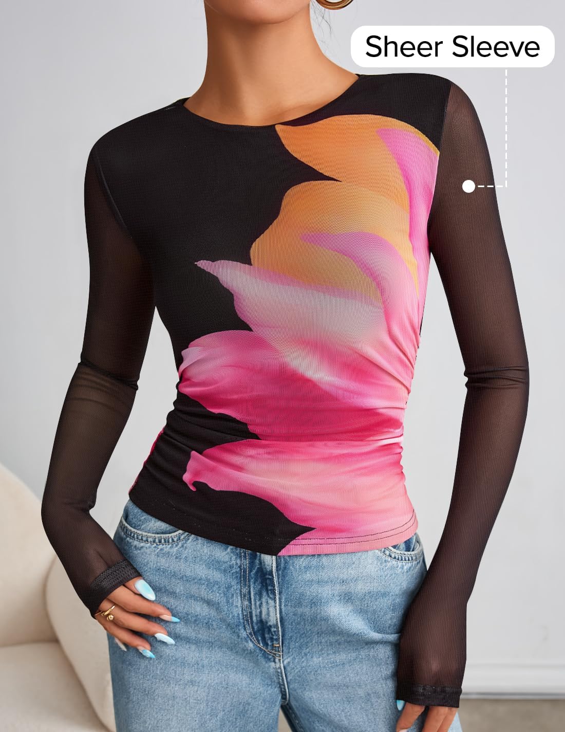 ZESICA Womens 2026 Spring Floral Mesh Going Out Tops Long Sleeve Crewneck Slim Fit Ruched Y2k Shirt Beach Vacation Outfit - Image 2