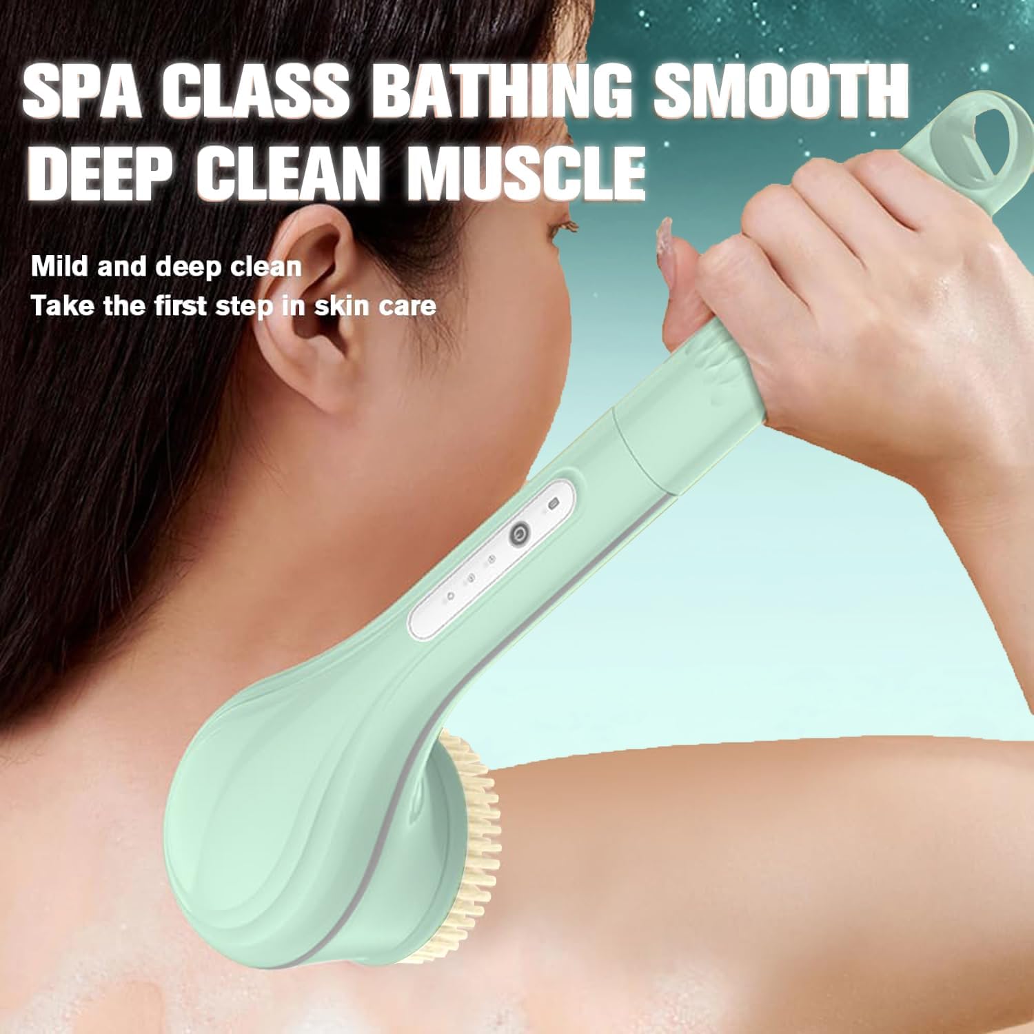 Electric Body Brush, Electric Body Scrubber, Long Handle Body wash applicator, Silicone Back Brush, 6 Shower Brush Heads ，for Cleaning, Massage and Exfoliation (Light Green) - Image 4