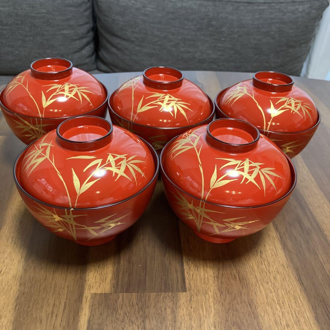 赤い漆器椀セット（竹模様）まとめ 赤い漆器椀セット（竹模様）まとめ 漆器 赤い漆器椀セット（竹模様