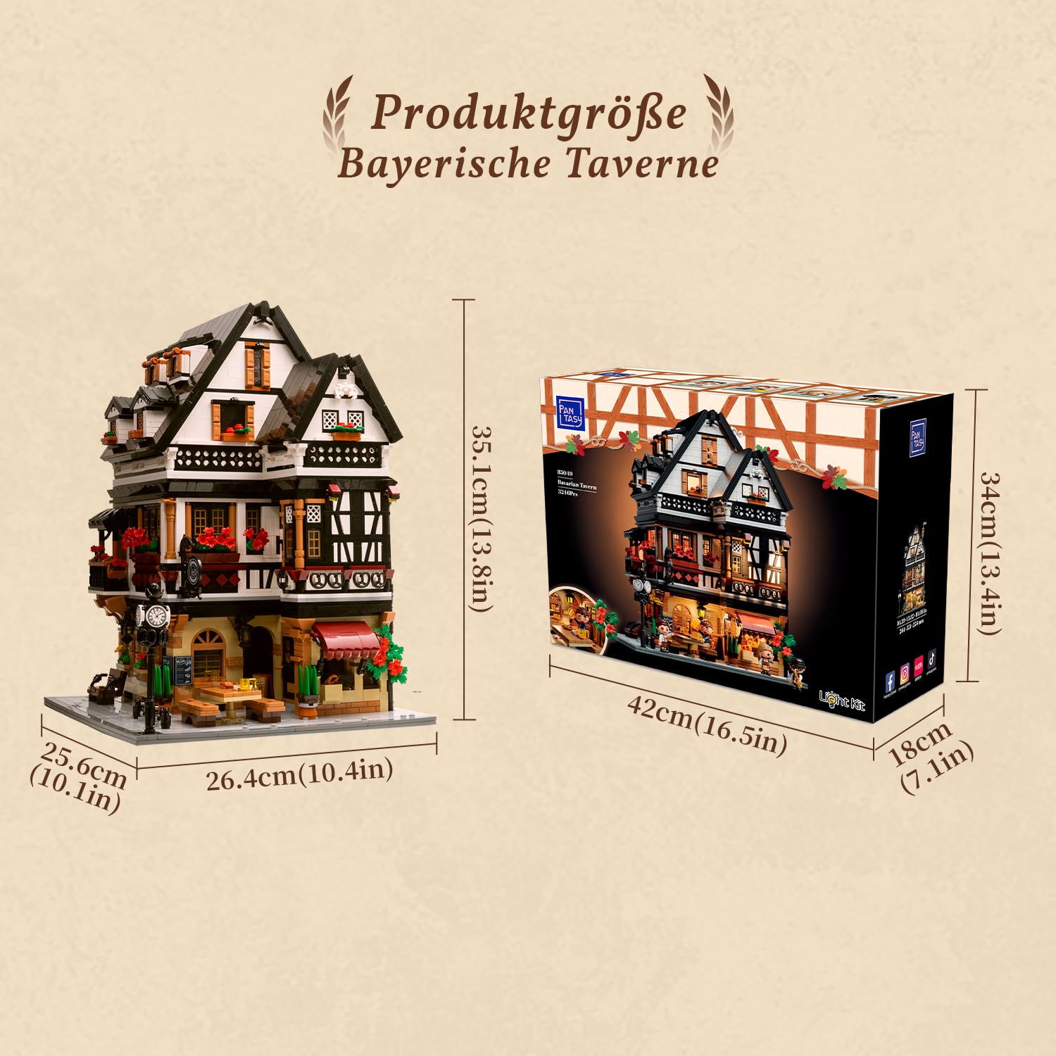PANTASY Bayerisches Wirtshaus Bauset für Erwachsene mit USB-C-Licht | 3-stöckiges Fachwerk-Modell mit 11 warmweißen Lichtpunkten, USB-C-Anschluss, aufklappbaren Wänden und 43 Druckteilen