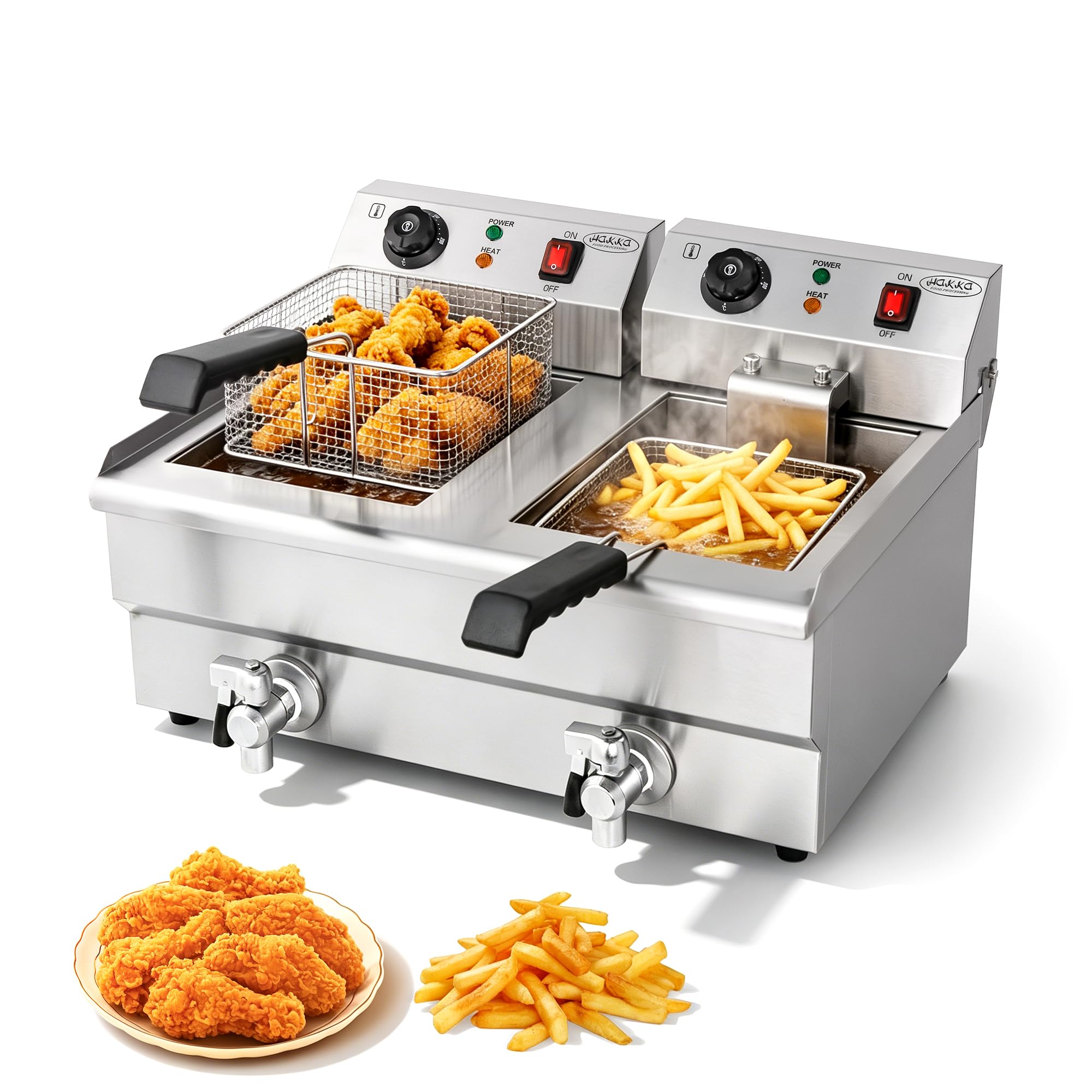 Hakka Friteuses électriques Professionnelles, Grande Capacité 6L x 2, en Acier Iinoxydable, Avec égouttoir, Panier et Couvercle, Double Cuve(220V, 2000W+2000W)