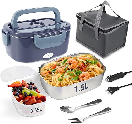 Miniatura 19 de Fiambrera eléctrica para alimentos, calentador portátil de 80 W para auto, camión, trabajo con contenedor de acero inoxidable 304, 12 V/24 V/110 V,