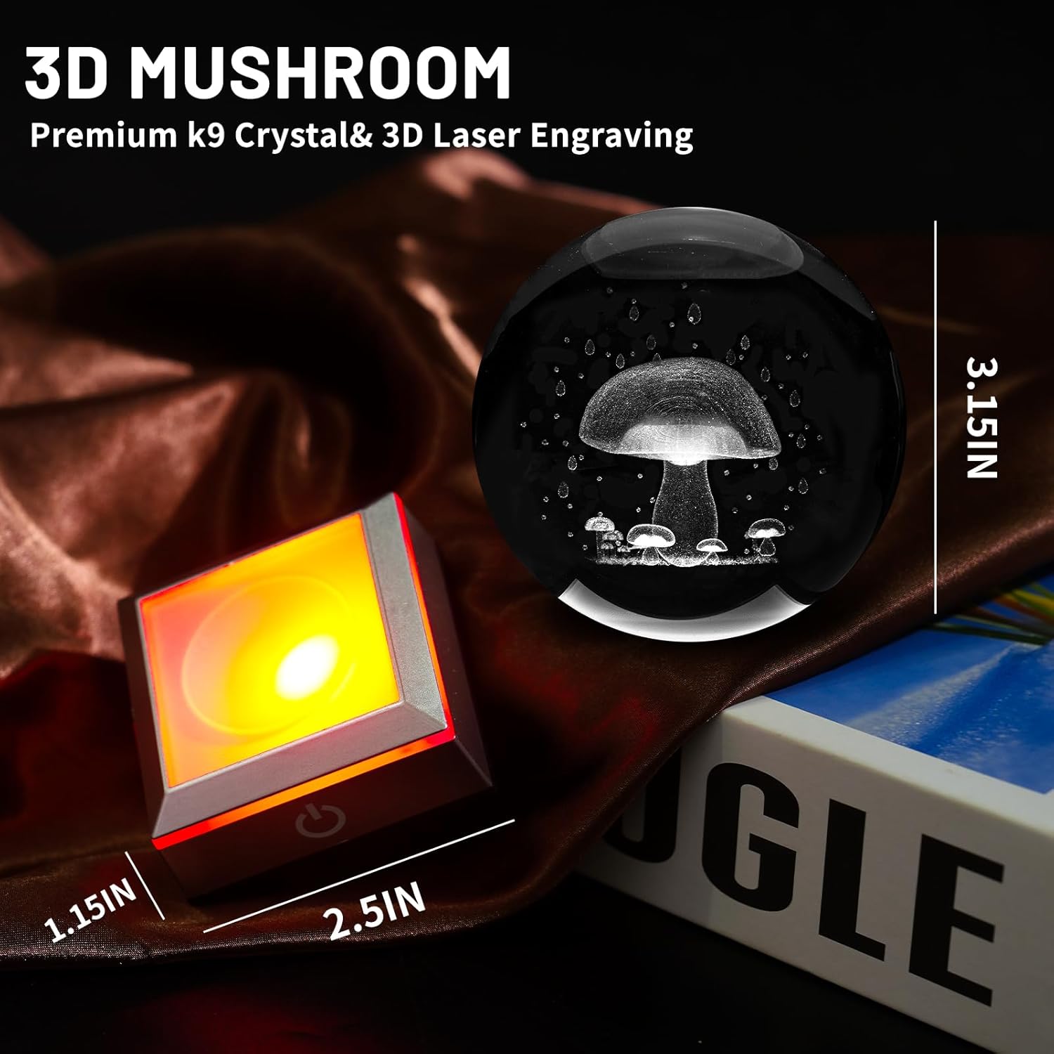 3D Mushroom Crystal Ball Night Light with LED Colorful Touch Base, Multicolor Crystal, 3.15 Inch Mushroom Figurines, Table Lamp Decor Gifts for Kids Teens Women