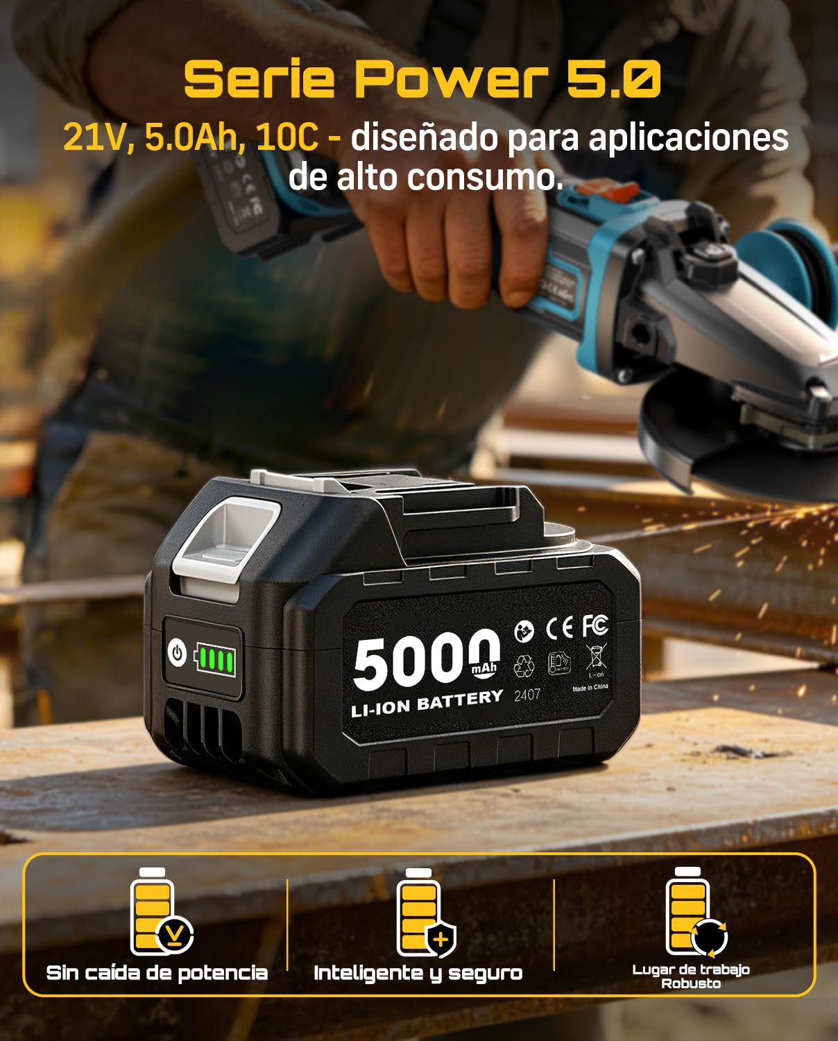 SEESII Amoladora Cabeza Plana 21V - Batería 5.0Ah + 6 Velocidades
