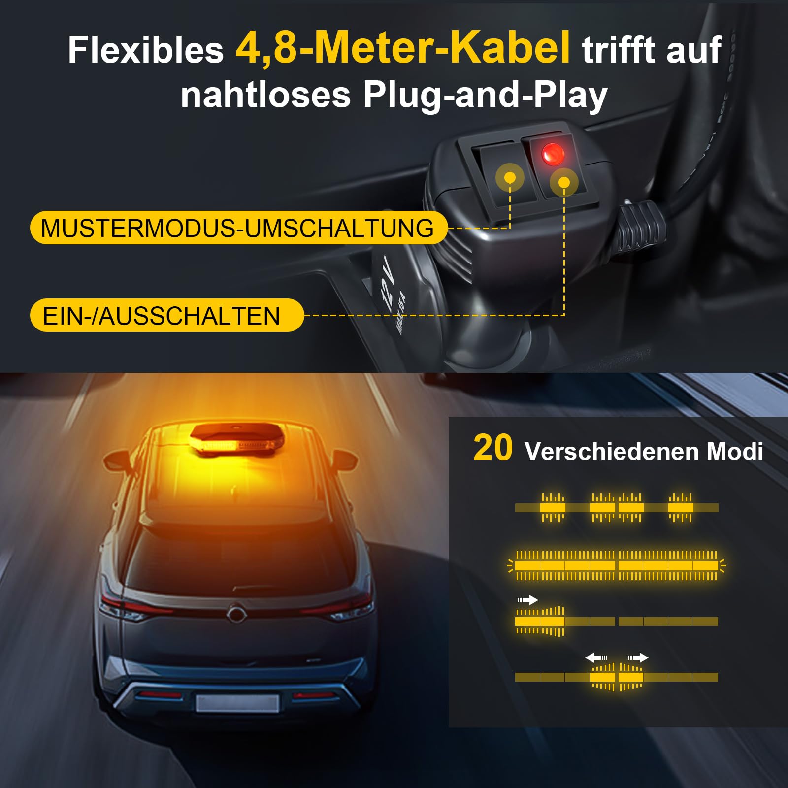 LED Rundumkennleuchte Gelb mit Magnetfuß, 12V 24V Auto Signalleuchte | IP65 Wasserdicht, 20 Blitzmodi, 4,8m Kabel mit Stecker, Für Baufahrzeuge & Traktoren