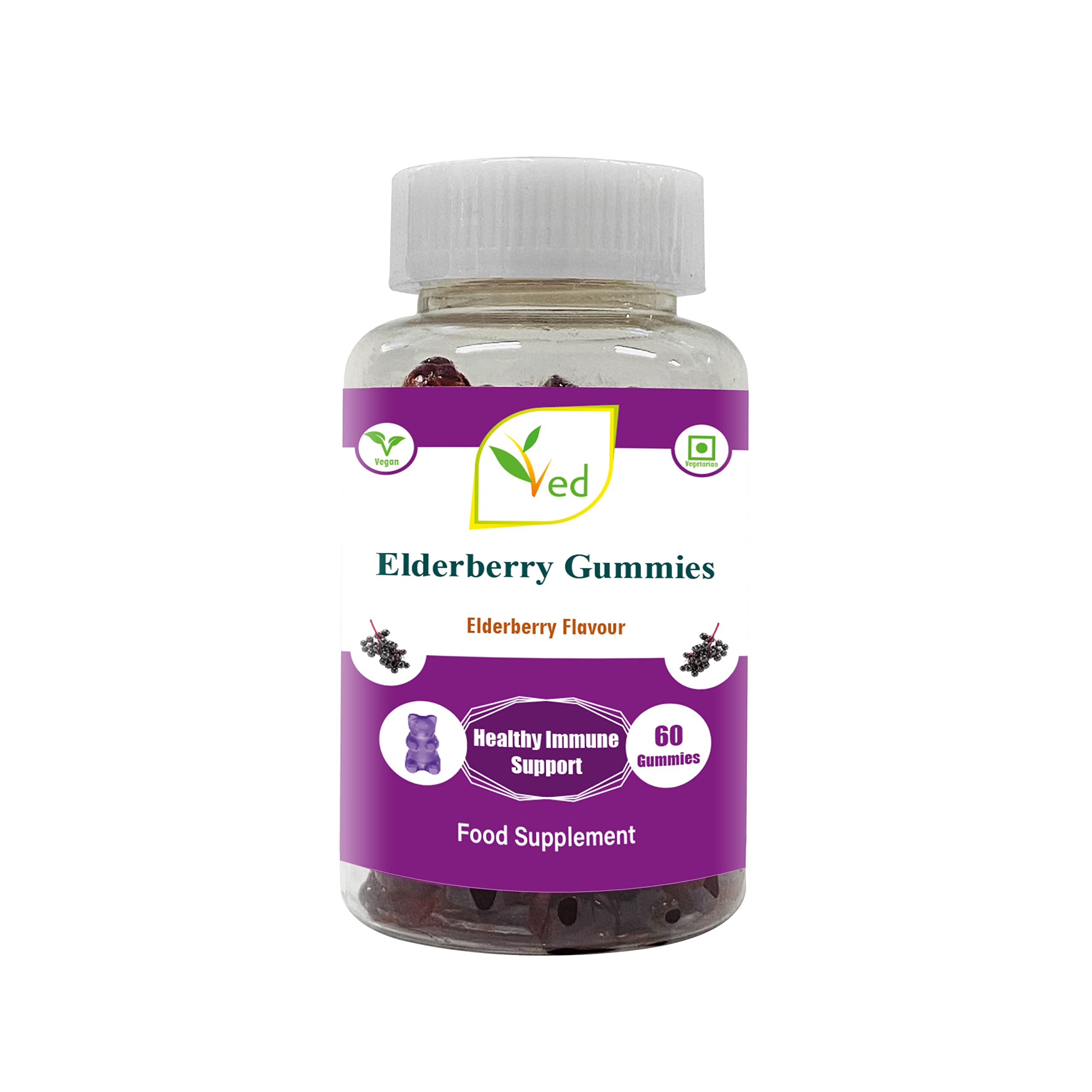 VedElderberry Gummies; EDB Chews Elderberry Flavour with Vitamin C and Zinc, Raw Unfiltered Elderberry Gummies, Vegetarian Vegan Health Supplement for Adult - 60 Chews 30 Days’ Supply