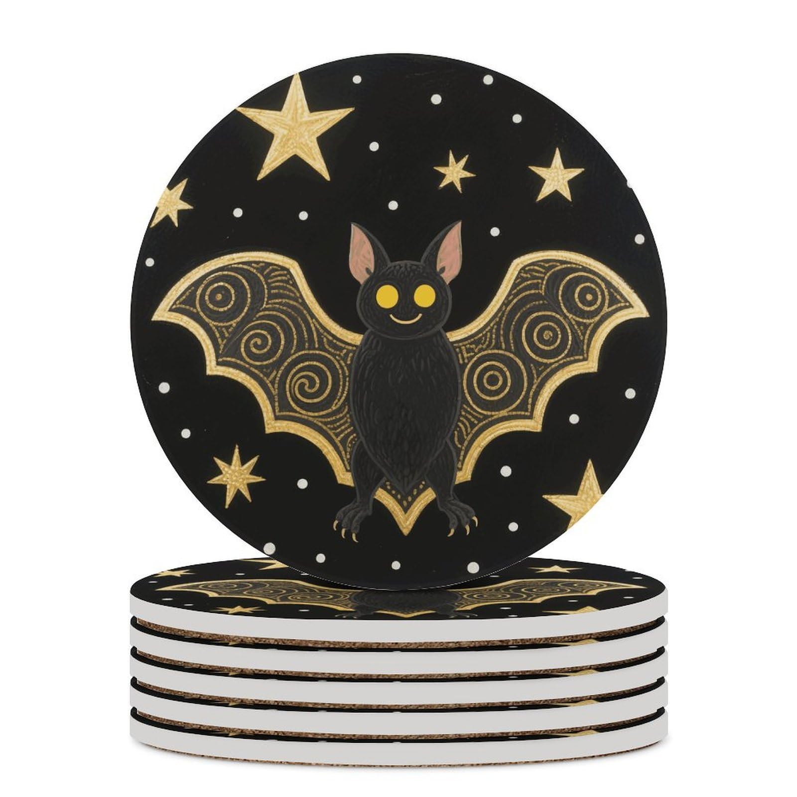 Black Gloden Bat Coaster with Cork Base Drink Coasters for Coffee Table Decor Modern Cup Coasters with Non-Slip & Heat-Resistant Cute Ceramic Table Coaster for Home Dining