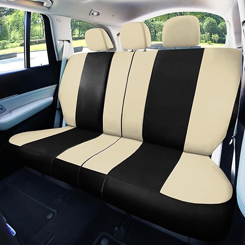 Vista 11 de Juego de fundas de asiento para automóvil, color beige, negro, ajuste universal, con funda para volante y almohadilla para cinturón de seguridad