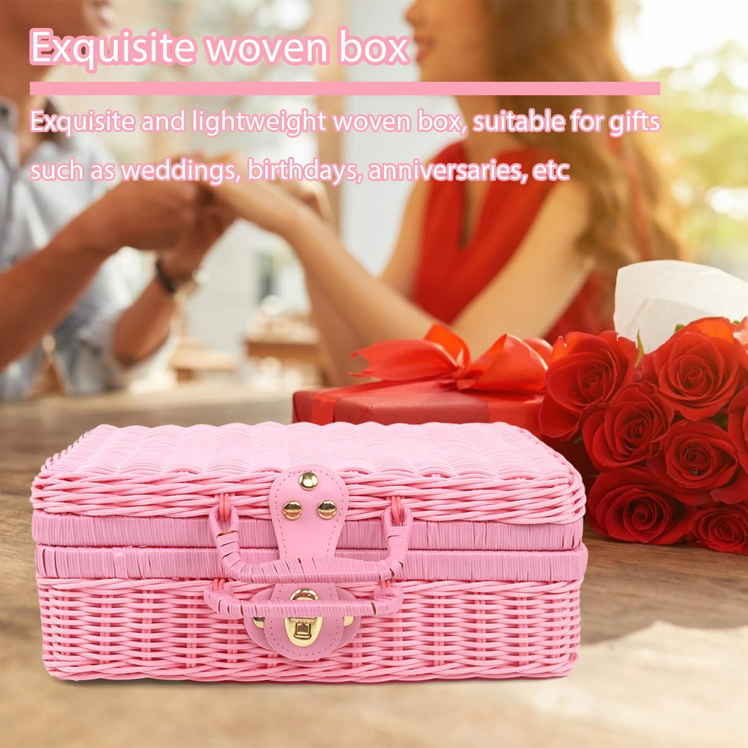 Wicker Picnic Basket with Handle, Vintage Rattan Suitcase Basket, Rustic Storage Box with Leather Strap Lock, Makeup Organizer, Prop Case for Camping Travel, 13.8 x 9.8 x 5.1 Inches (Pink) - Image 4