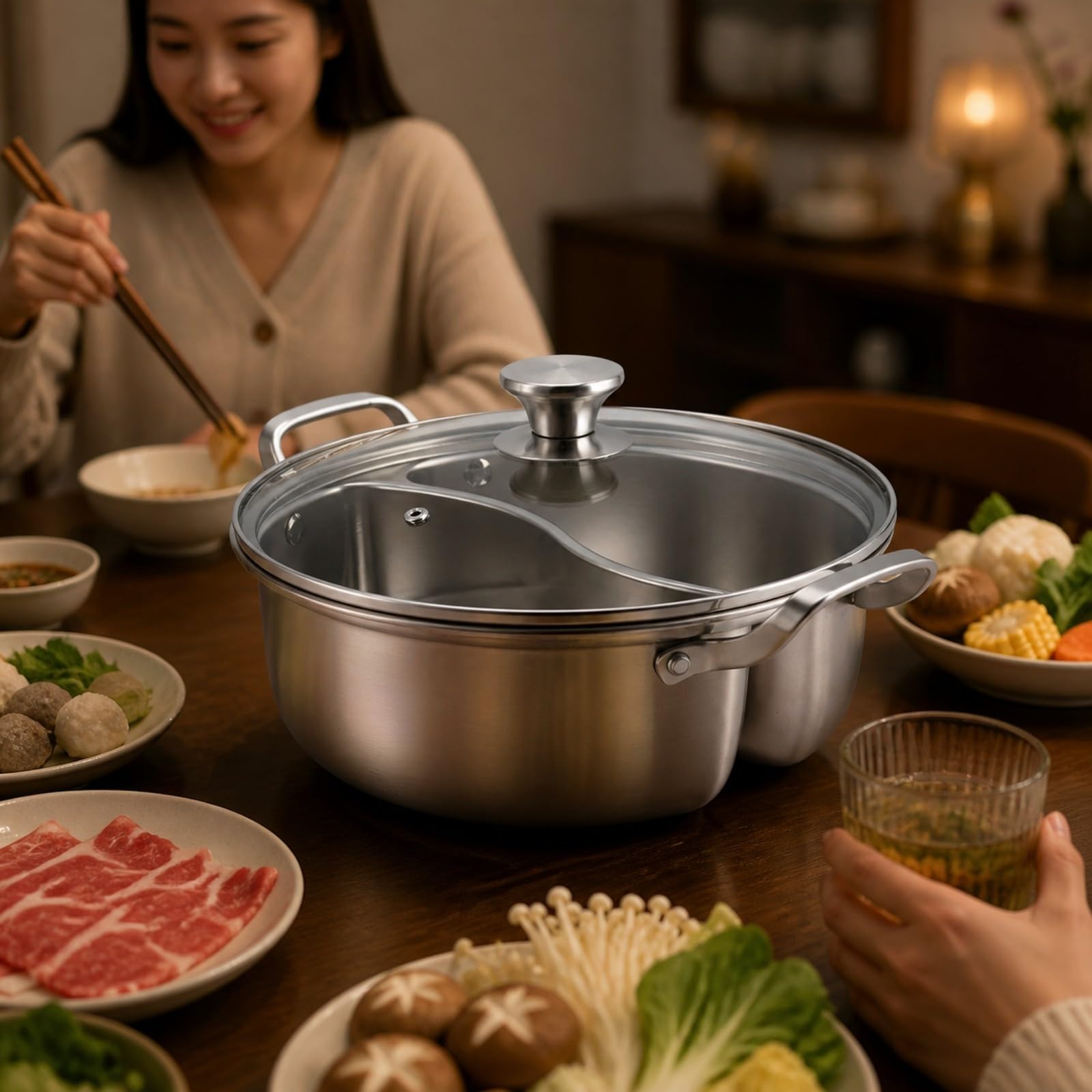 Unsilio Cocina Multifunción Olla con Divisor Doble Compartimento Gran para Familias, Cocina Casera, 32CM