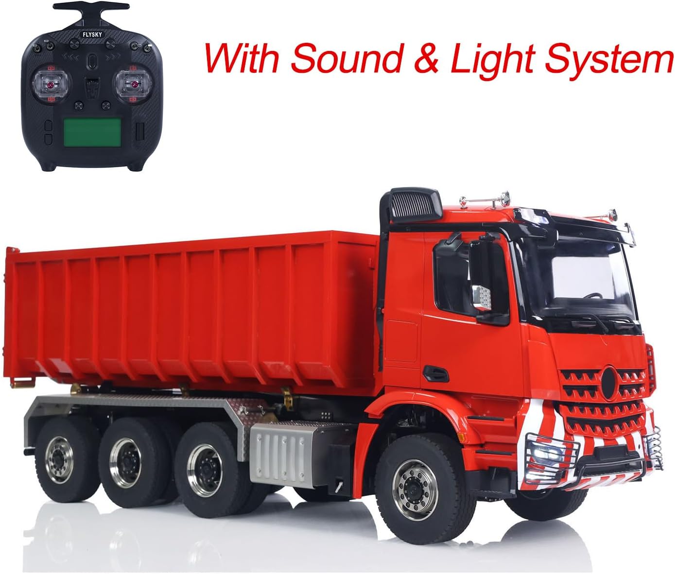 1/14 RC Hydraulic Dumper Truck 8X8 Roll On Off Full Dumper Car Rear Axle Steering Light Sound I6S Radio Controller(Red)