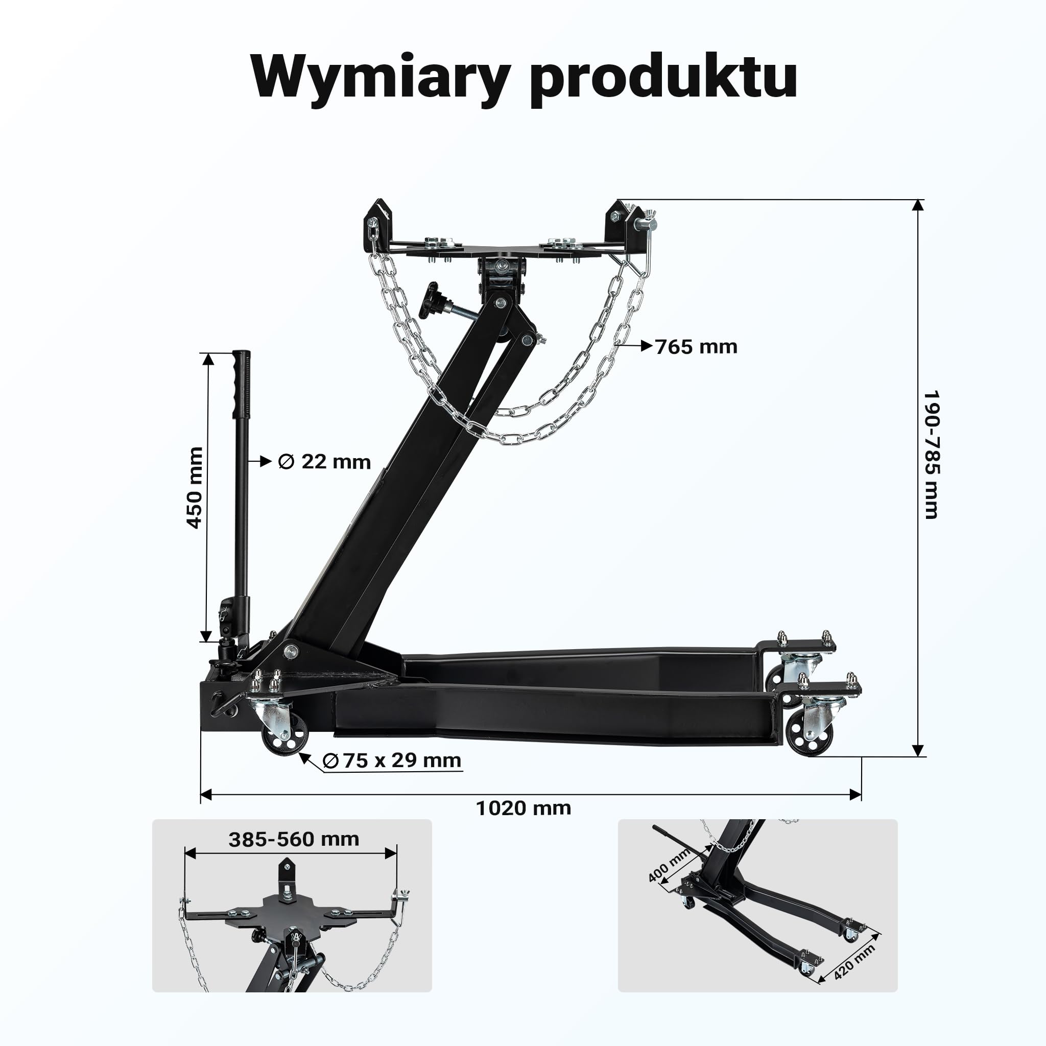 Wiltec Podnośnik do skrzyni biegów do 1 t, 180-790 mm | Żuraw warsztatowy, blok silnika, z kółkami