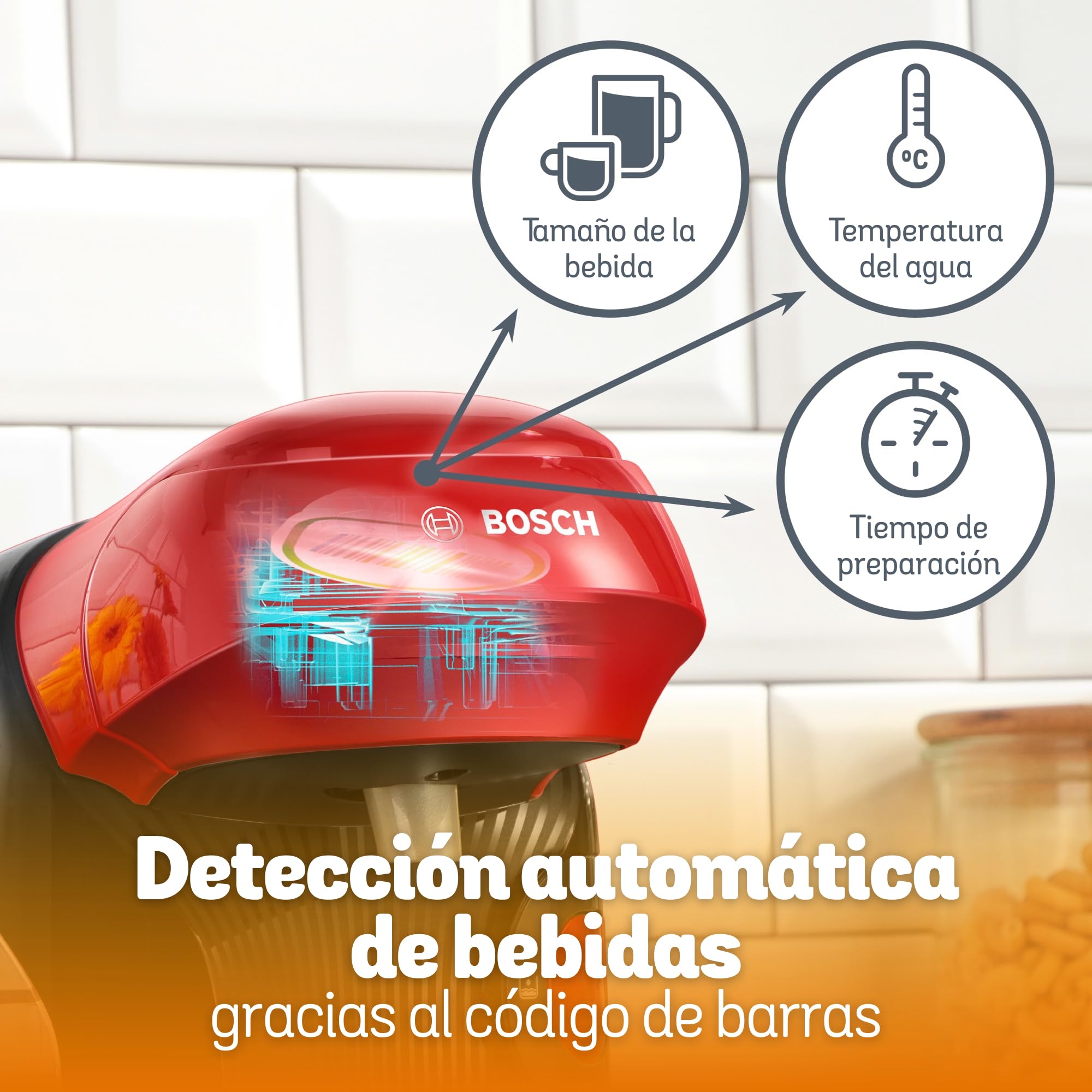 Bosch - Cafetera Tassimo Style Friendly, Hasta 70 bebidas, OneTouch, INTELLIBREW™, Rojo, TAS113E
