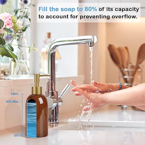 Miniatura 3 de Natheeph Dispensador de jabón de cerámica de 14 onzas, dispensador de bomba de jabón de cerámica, puede llenar líquido para bañococina (marrón)