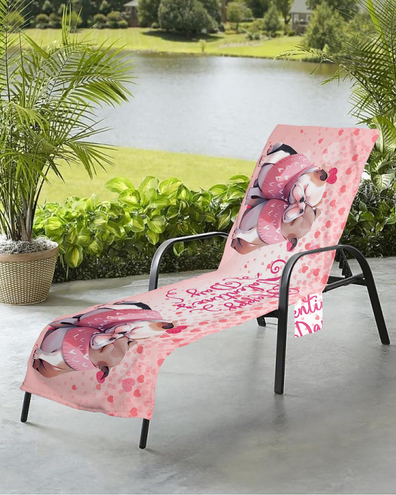 Valentine's Day Beach Chair Towel Covers for Chaise Lounge with Side Pocket, Soft Plush Pool Towels Cover for Patio Sunbathing Outdoor 29''x85'' Romantic Dogs Sweet Heart Love Pink