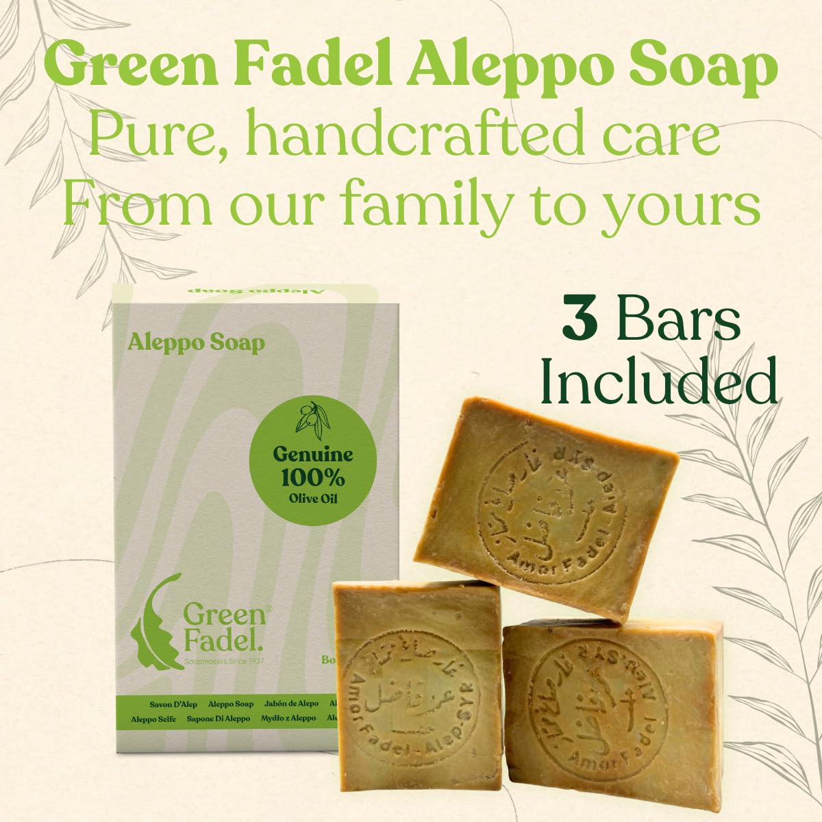GREEN FADEL Sapone di Aleppo Originale, 100% Olio d'Oliva, 3 x ca. 200g (Genuine) Sapone all'Olio d'Oliva, Naturale, Fatto a Mano, Vegano, per Viso e Corpo