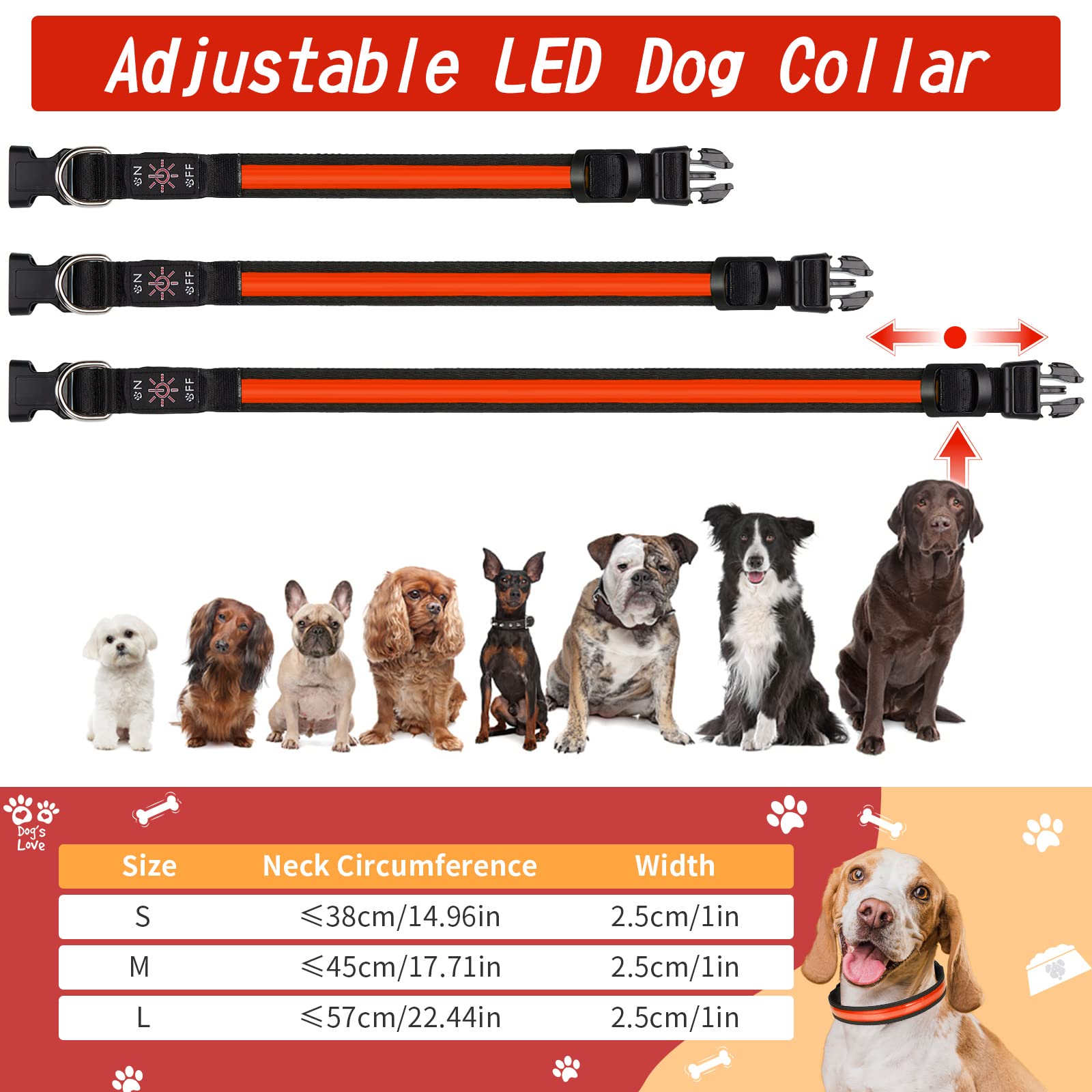 TENXSNUG Collare Luminoso per Cani Ricaricabile USB, Collare per Cani a LED Regolabile con 3 Modalità di Illuminazione per Cani di Piccola Media Grande Taglia in Tutta Sicurezza di Notte -Rosso-S