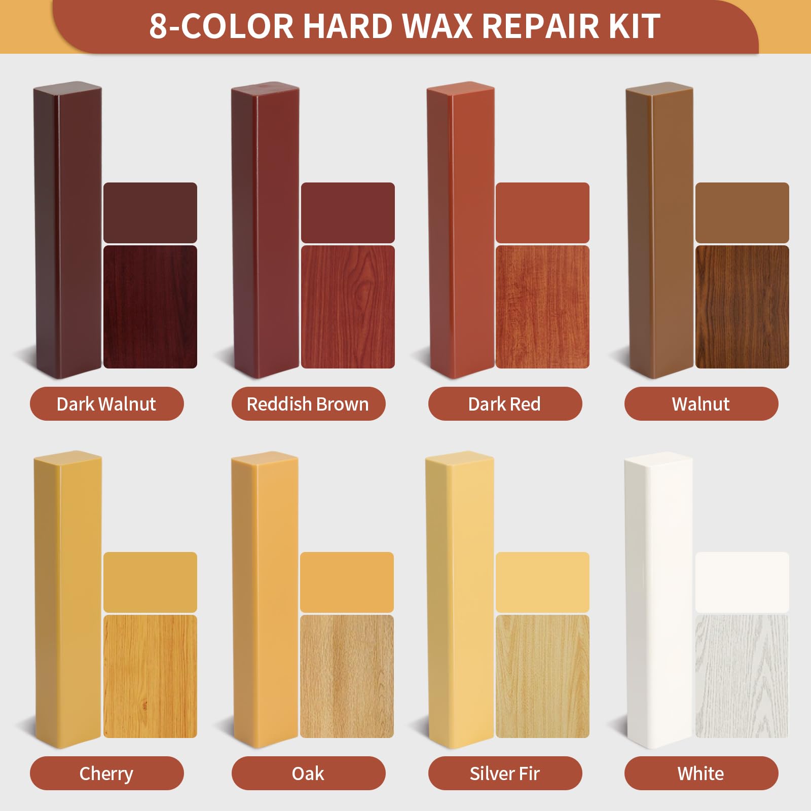 Kit Riparazione Legno 8 Colori Marrone, Stucco per Legno, Stucco per Legno Riempitivo, Cera per Legno, Stucco Parquet, Cera Legno per Riparare Graffi, Crepe e Fori su Laminato e Legno