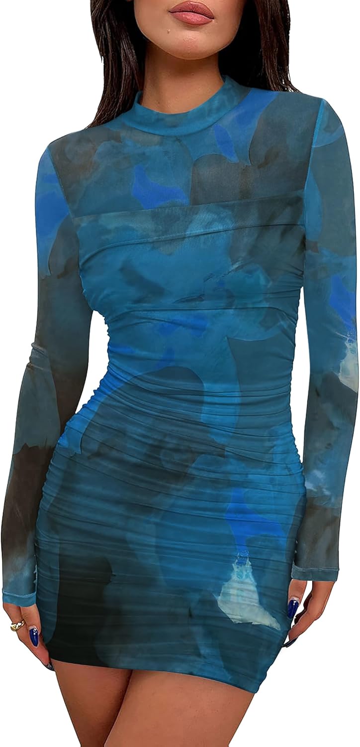 WIHOLL Women's Mesh Sheer Long Sleeve Ruched Mini Dress Sexy Bodycon Mock Neck Cocktail Party Club Spring Dresses 2026