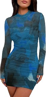 Women's Mesh Sheer Long Sleeve Ruched Mini Dress Sexy Bodycon Mock Neck Cocktail Party Club Dresses 2025