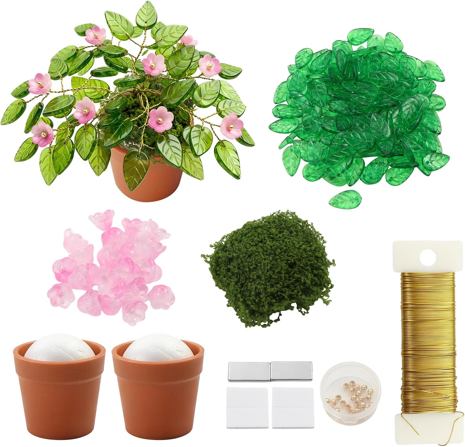 Ryetvok Beaded Plant Kit with Green Glass Leaf & Flower Beads, DIY 3‑D Potted Artificial Succulent Making Crafts for Adults, Everlasting Tabletop Decor & Suncatcher Plant Gifts