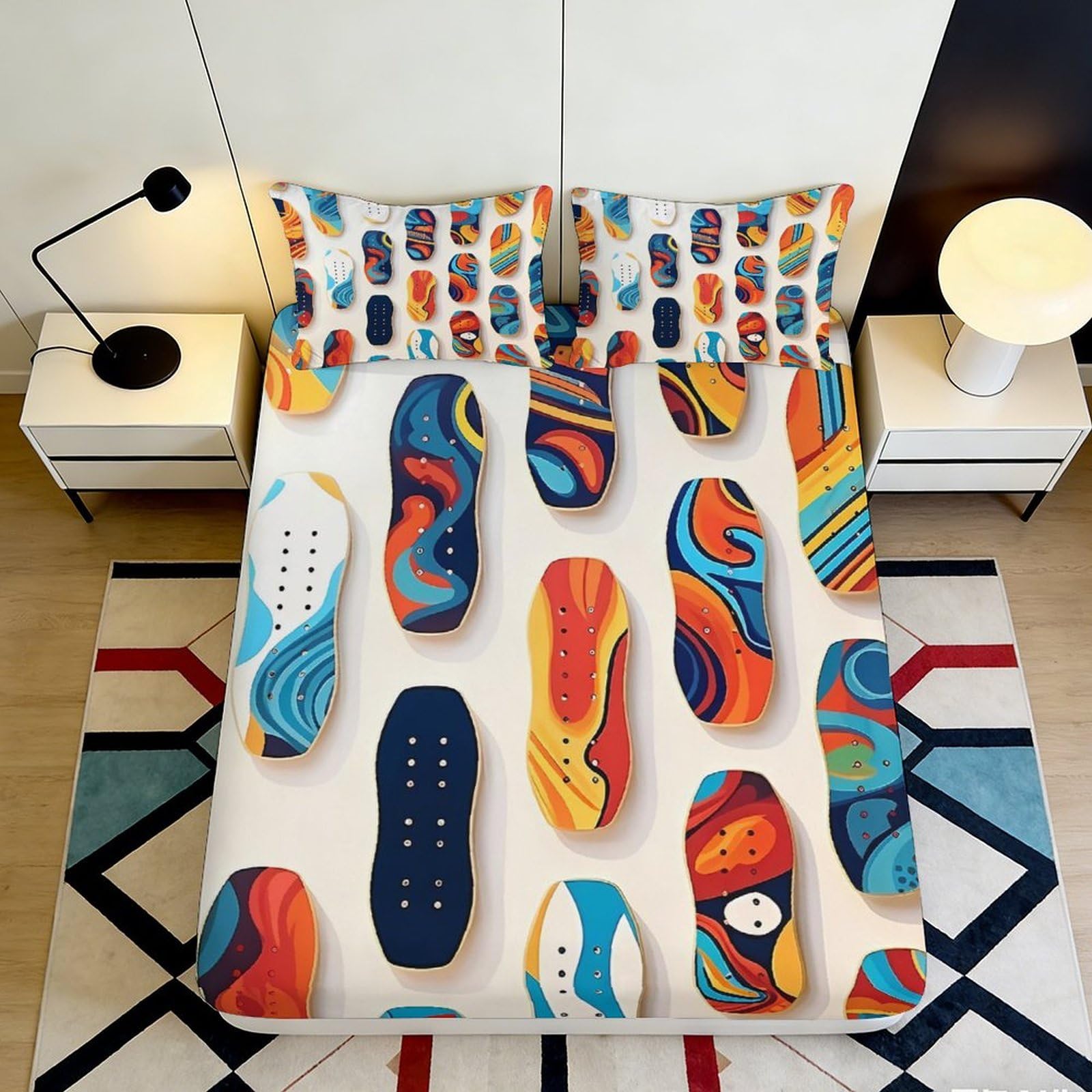 3D Printed Colorful Abstract Sneakers Fitted Sheet Microfiber Soft Mattress Cover for Bedroom Dorm Protective Decor 160x200x25cm