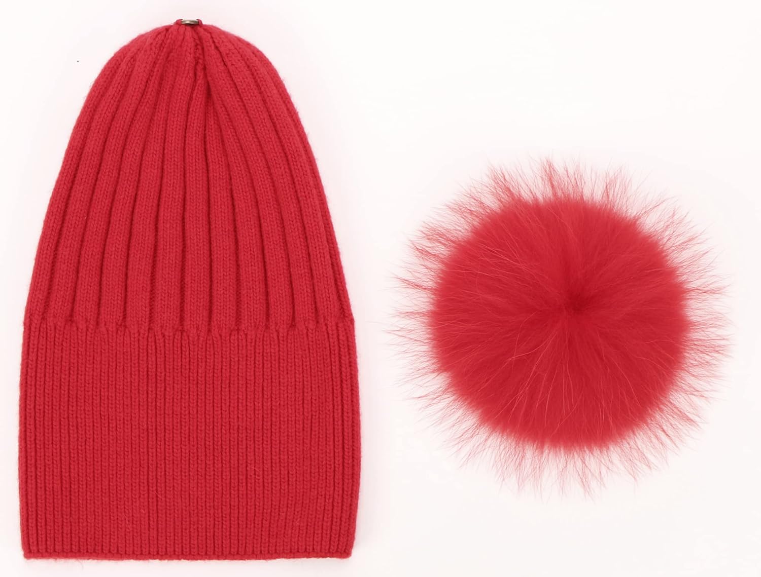 Women's Real Fur Pom Pom Cashmere Blend Winter Ribbed Knit Cuffed Beanie Skull Cap Hat with Fur Pom Beanie Hat - Image 4