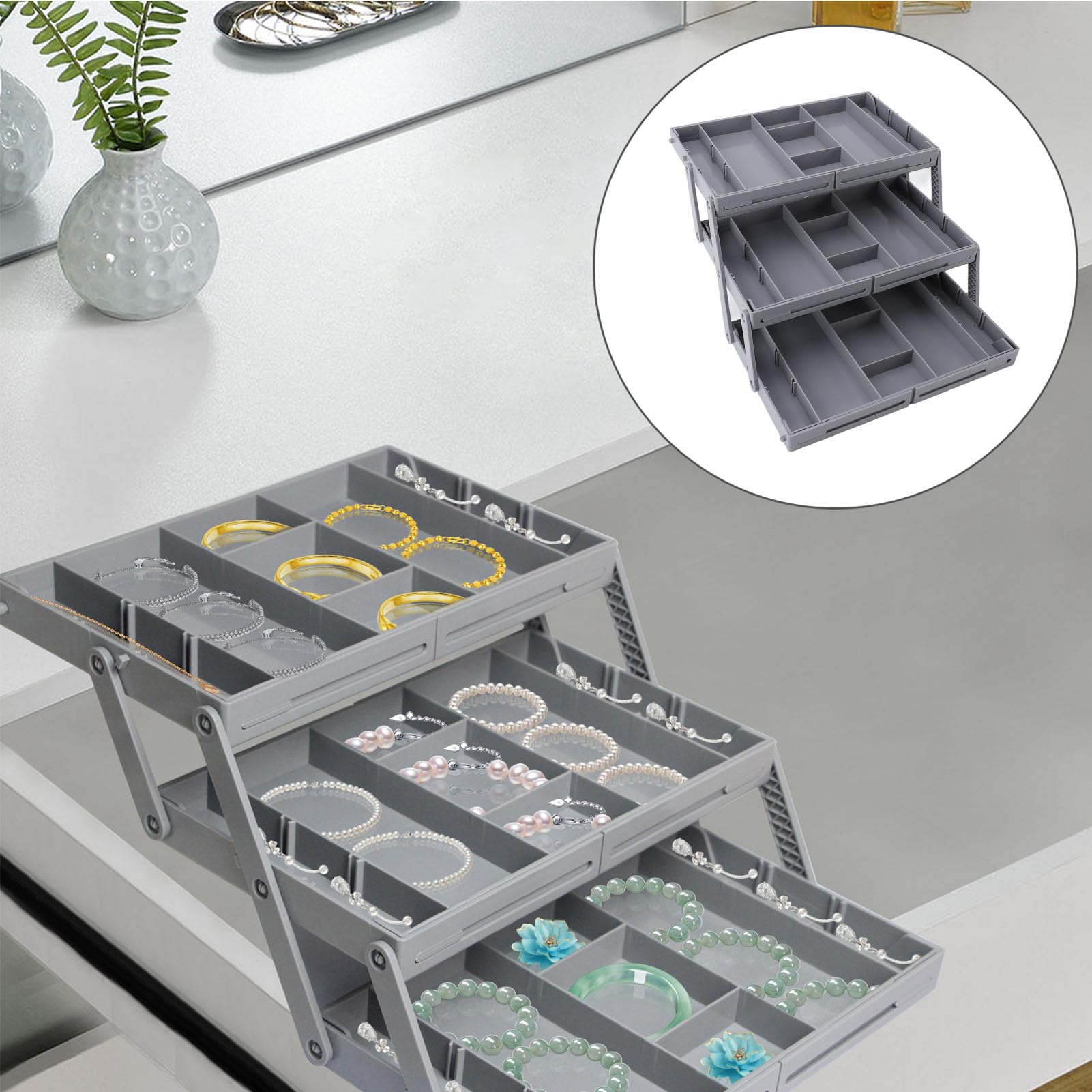 Organizer per cassetti, espandibile, pieghevole, versatile, per bagno e scrivania, contenitori in plastica per trucchi, camera da letto, gioielli, utensili da cucina e ufficio (3 pezzi)