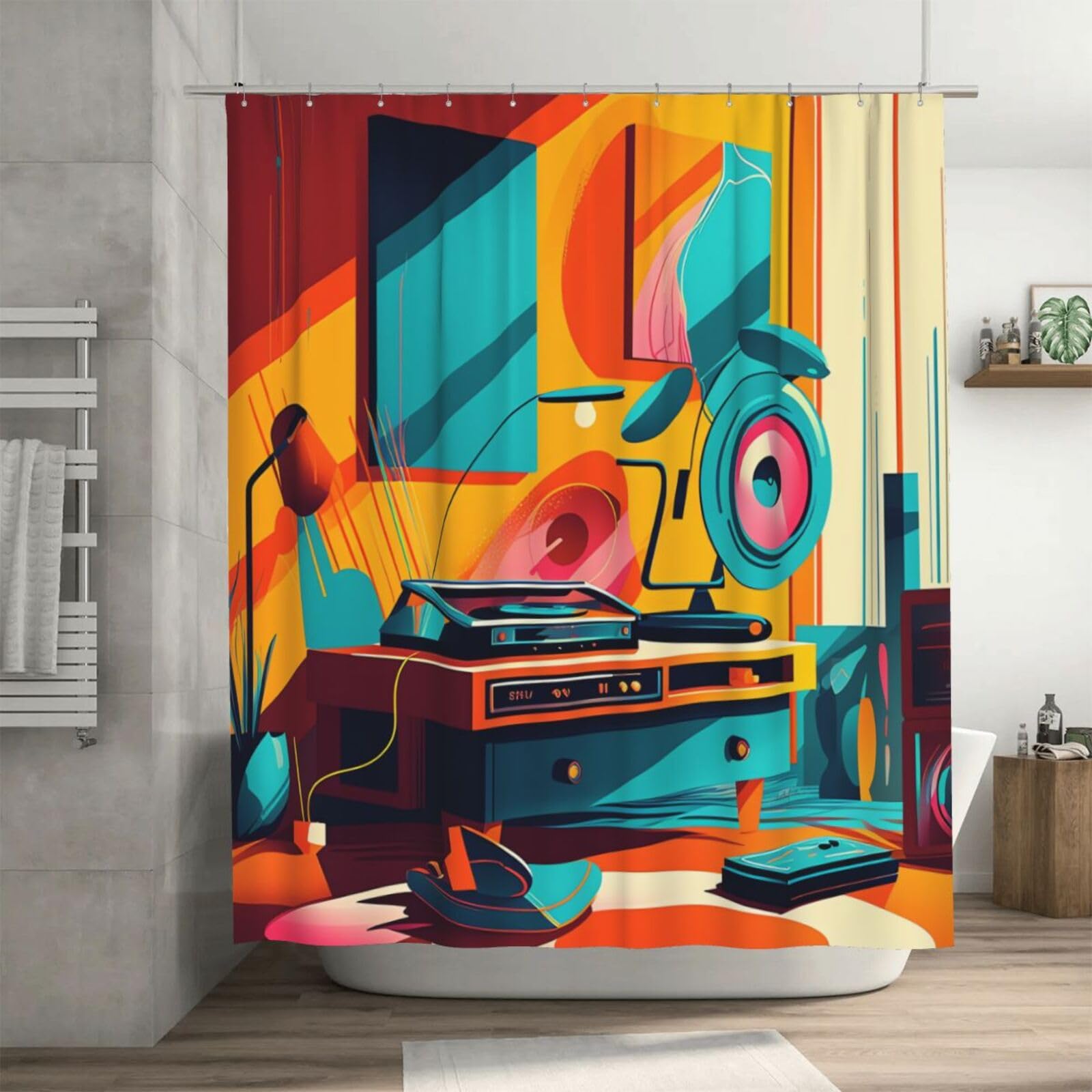 Rideau de douche épais anti-moisissure et étanche 182x182 cm motif tourne-disques vintage