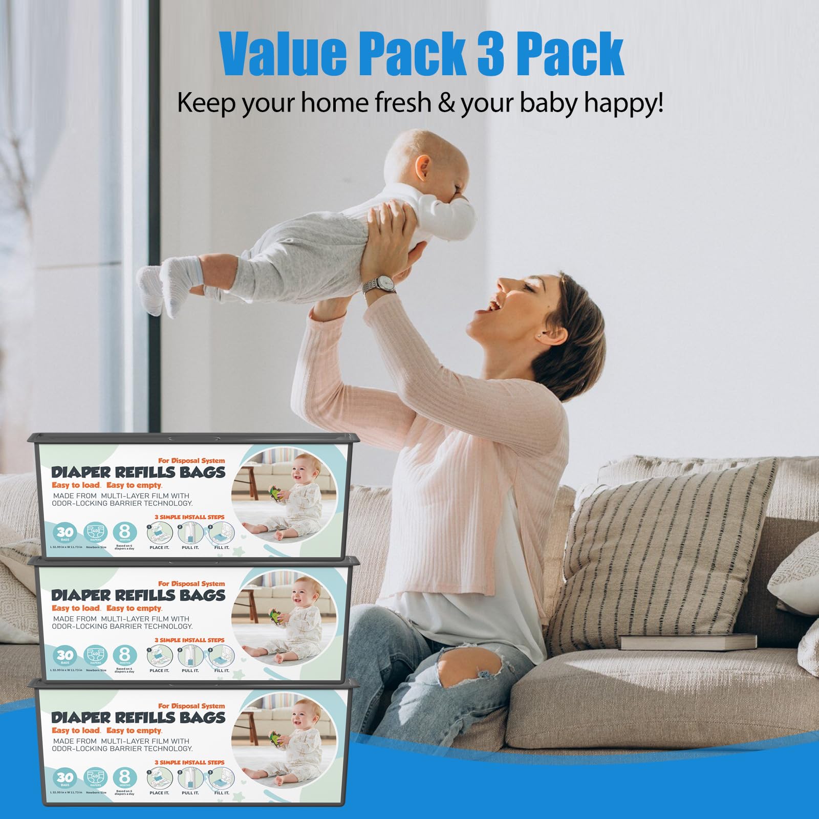 Sacchetti di ricarica per secchi per pannolini con 30 sacchetti (profumo di talco per bambini) compatibili con Genie Easy Roll Signature e Platinum, tecnologia a barriera antiodore a 7 strati