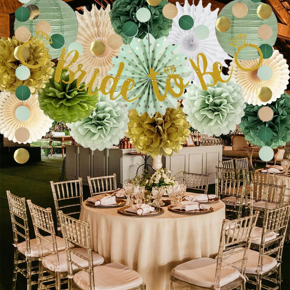 Sage Green and Gold Bridal Shower Decorations Bachelorette Party Decorations Bride to Be Banner Olive Sage Green and Gold Paper Pom Poms Paper Lanterns for Wedding Engagement Party Decor