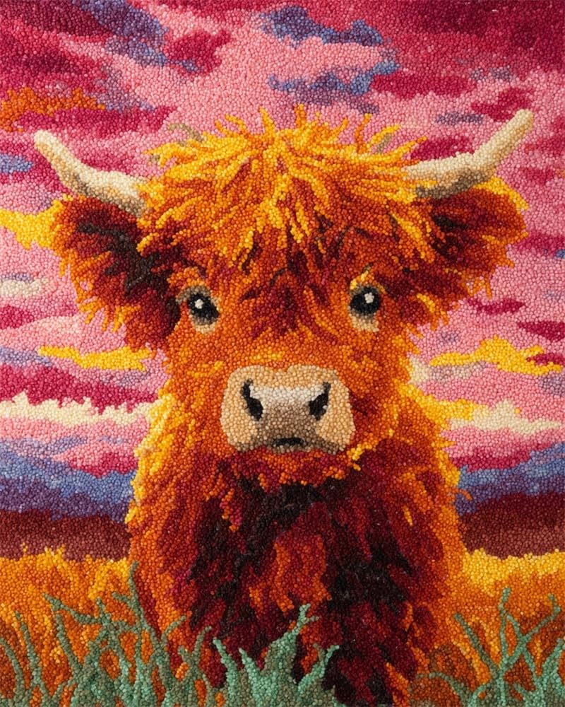 FWRTYCB Latch Hook Rug Kit,Sunset Highland Cow Cub