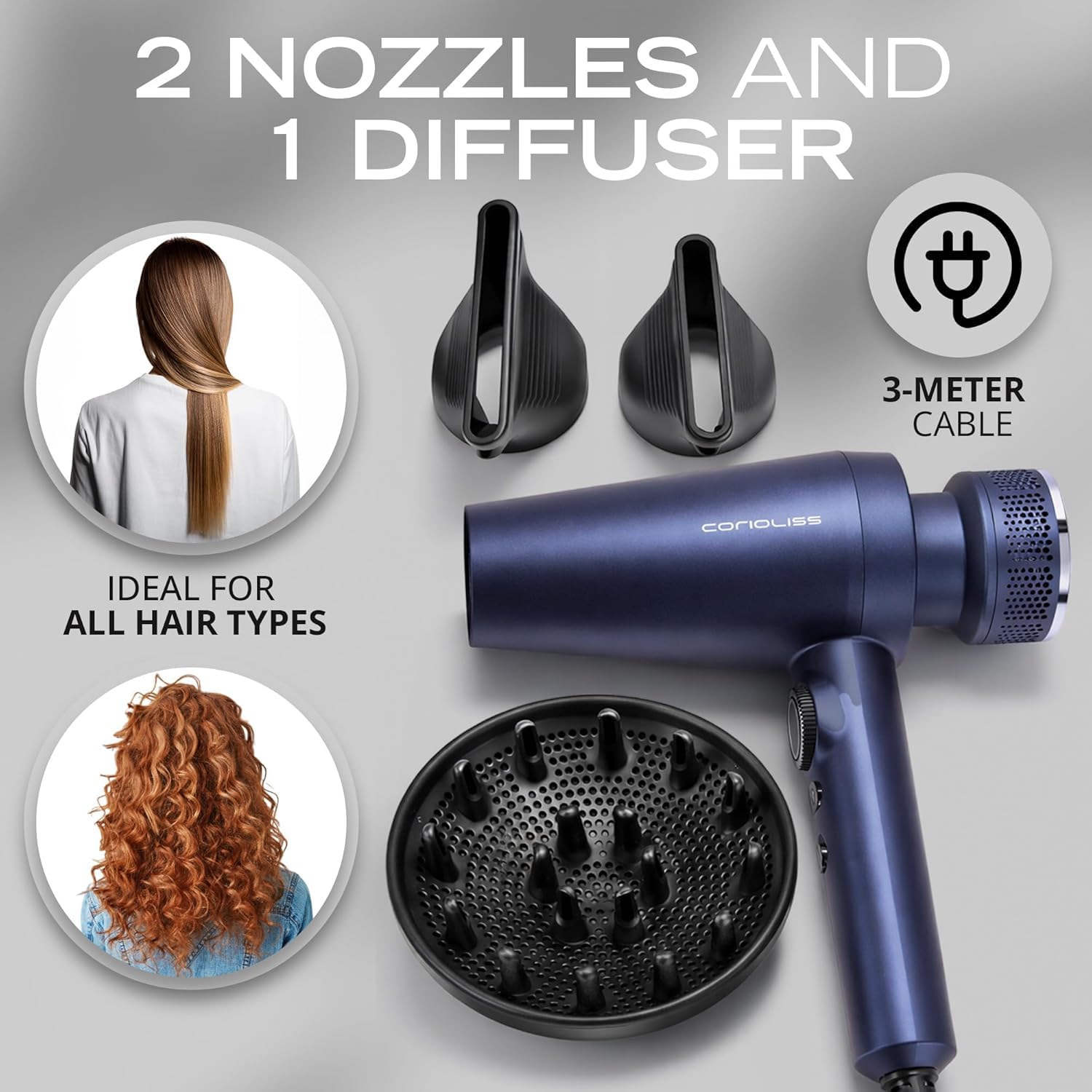 Corioliss Mistral Professioneller Haartrockner 2000W mit BLDC Motor, Ionischer Föhn Anti-Frizz, Leicht und Leise, mit Diffusor und 2 Stylingdüsen für Salonergebnis Zuhause