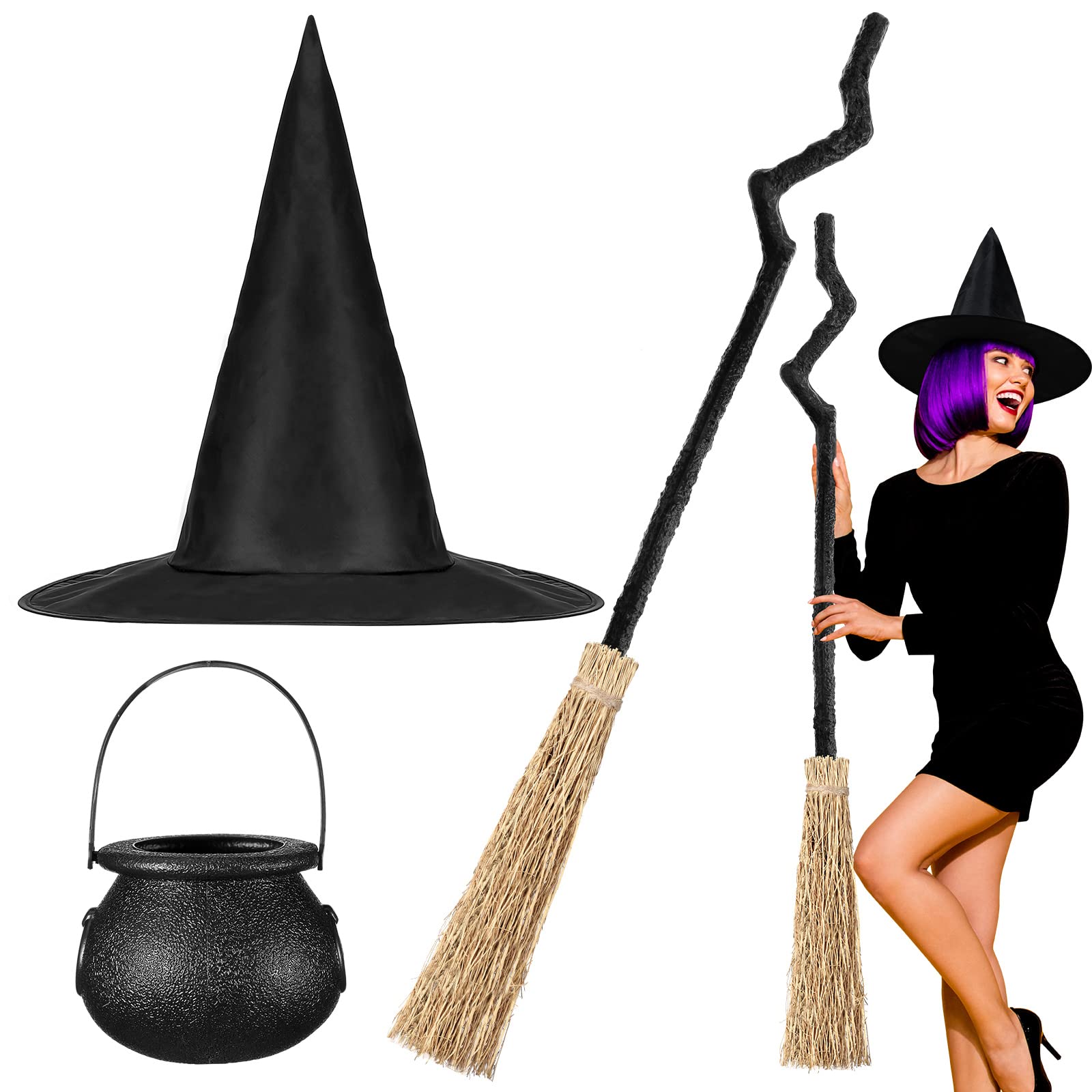 Lewtemi 3 Pcs Halloween Witch Broom Costume Crooked Witch Broomstick Hat and Halloween Candy Mini Cauldron for Party Realistic Wizard Flying Broom Cosplay Accessories