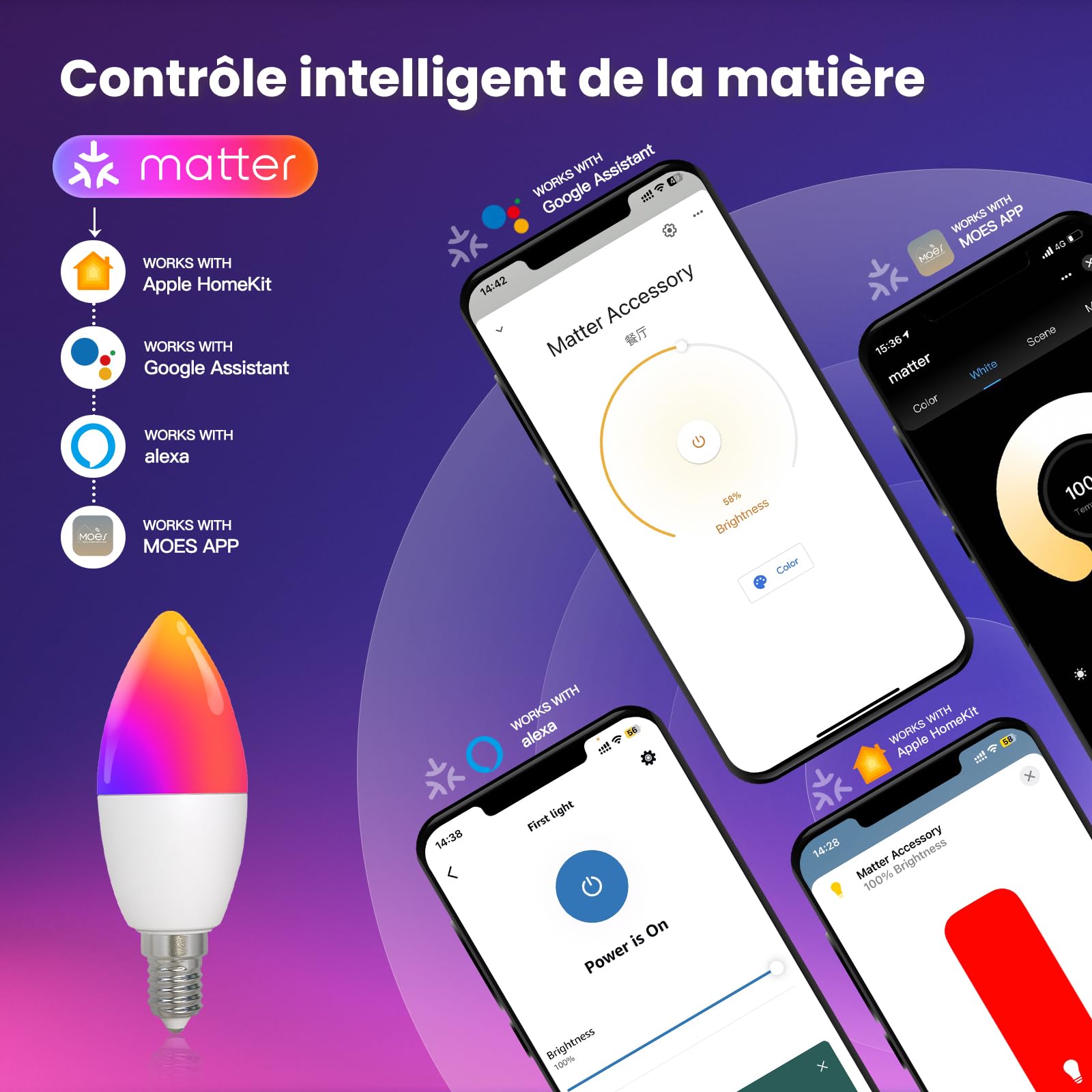 MOES Ampoule Intelligente RGB E14 Matter 6W 470LM, 4 Pcs