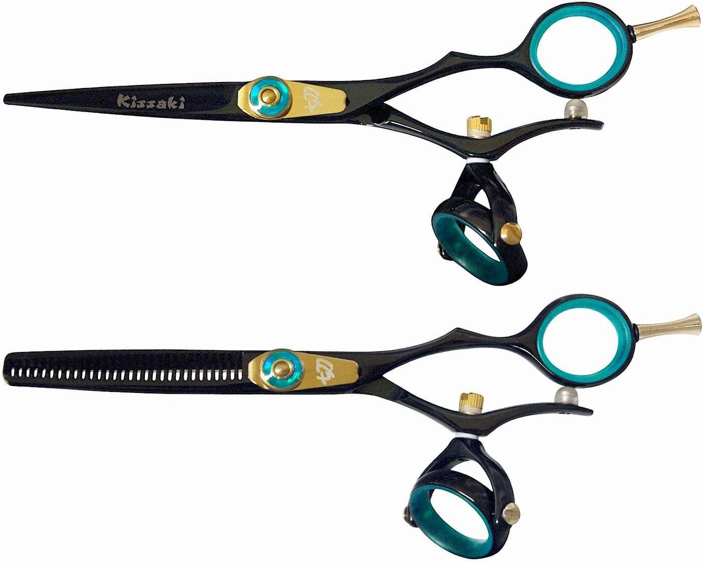 Kissaki Hair Scissors Gokatana 5.5 inches and Kanagawa 30 tooth Black B Titanium Double Swivel Hair Cutting Shears and Thinning Shears Matching Set Combo