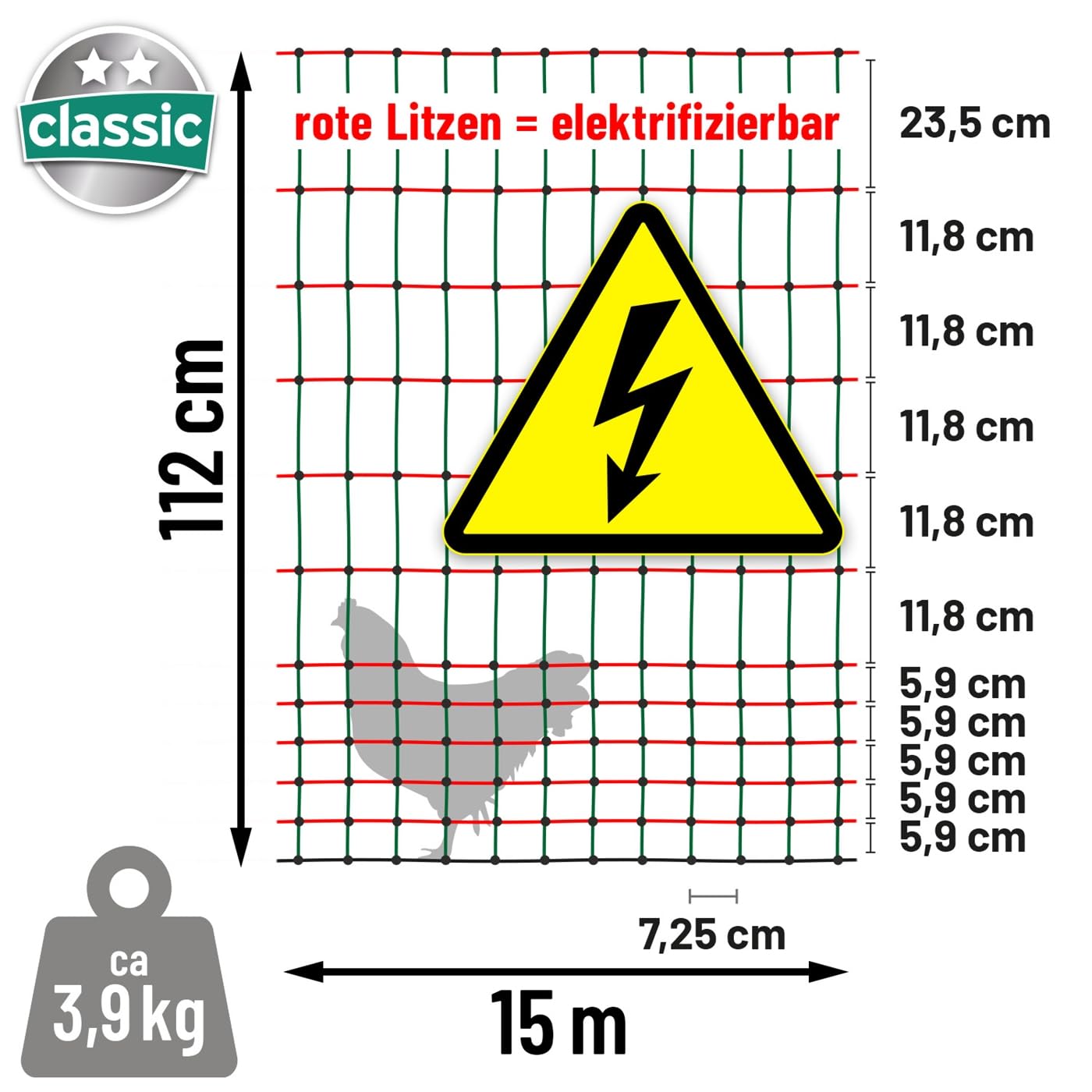 VOSS.farming 15m Hundezaun, Katzenzaun, Hühnerzaun, Geflügelzaun, Geflügelnetz, 112cm, 6 Pfähle, 2 Spitzen, grün Classic