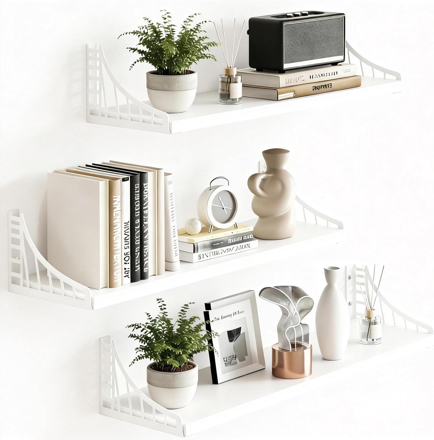 SRIWATANA Floating Shelves for Wall Decor, Bridge Design Wood Wall Shelves for Bedroom, Bathroom, Living Room & Kitchen, Set of 3 (White)