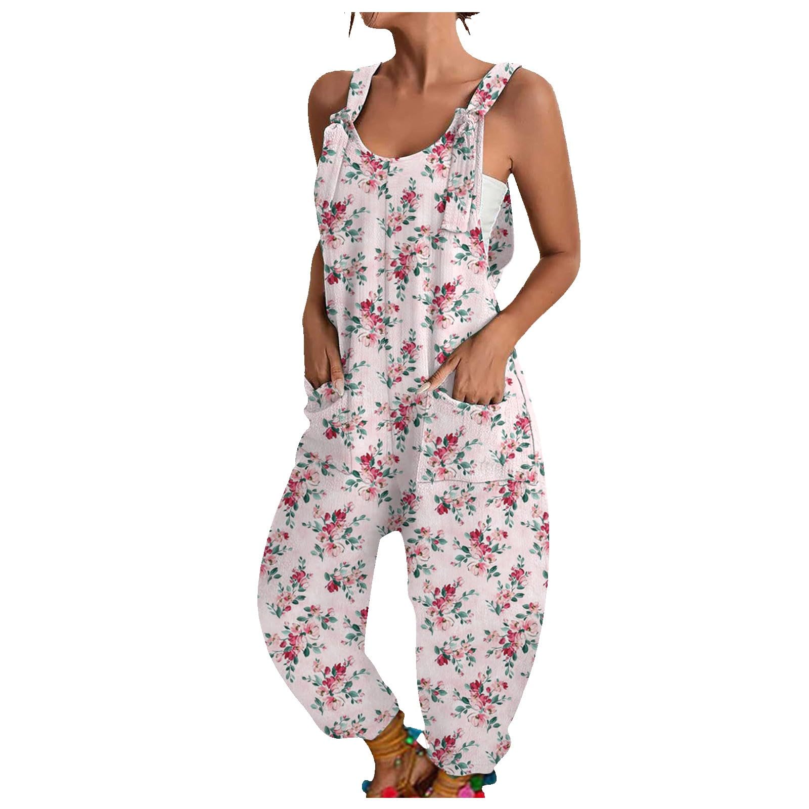 Generic Medias Mujer sin Mangas con Cuello en U para Mujer, Monos Holgados con Tirantes Finos, Pantalones harén con Bolsillo Entrega Mujer