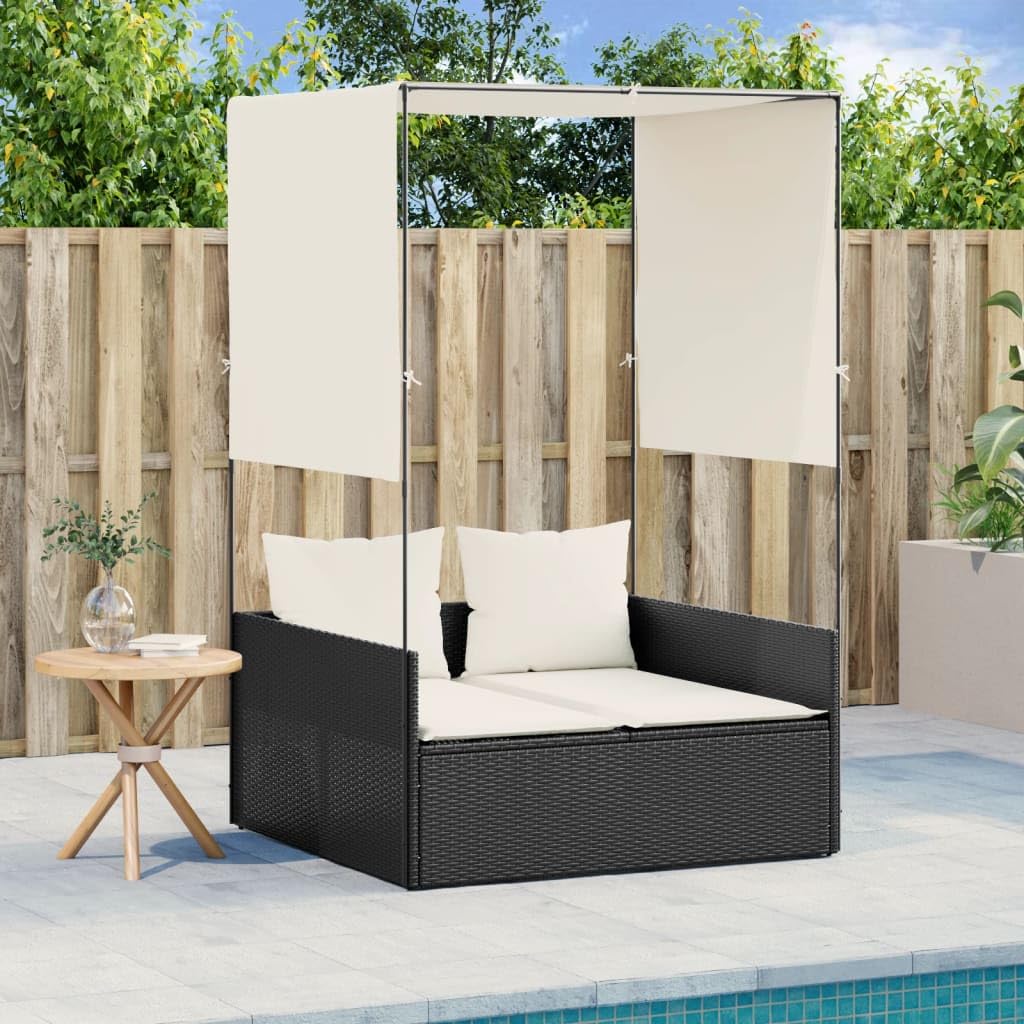 Chaise longue double noire en rotin avec toit | Lit de jardin 118x110 cm