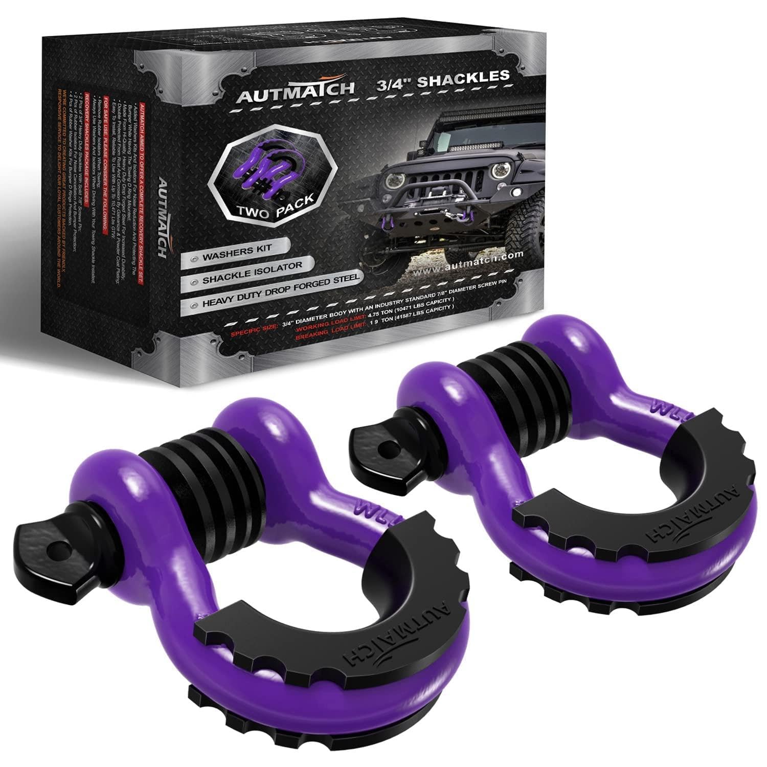 AUTMATCH Shackles 3/4" D Ring Shackle (2 Pack) 41,887Ib Break Strength with 7/8" Screw Pin and Shackle Isolator & Washers Kit for Tow Strap Winch Off Road Vehicle Recovery Purple & Black