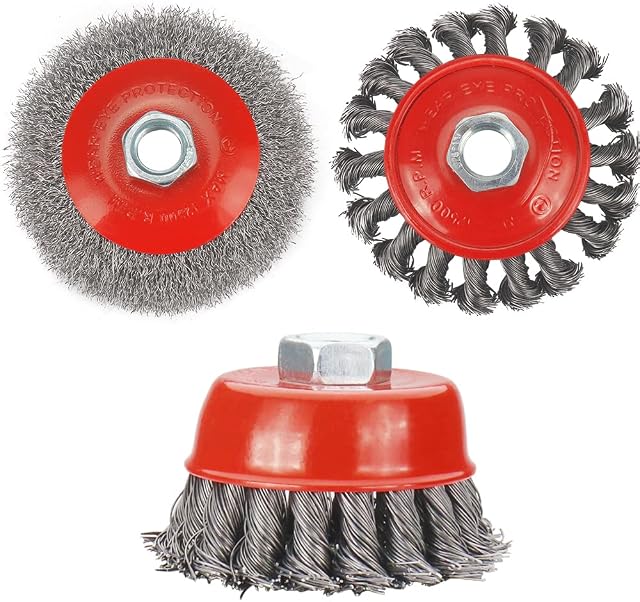 3pc Wire Brush Set 4-Inch Twist Knot Wire Brush Kit Cup/Flat Brushes, Twisted Knotted Wire Wheels for Angle Grinder, M14 Threaded Arbor 0.002 Inch Carbon Steel for Metal