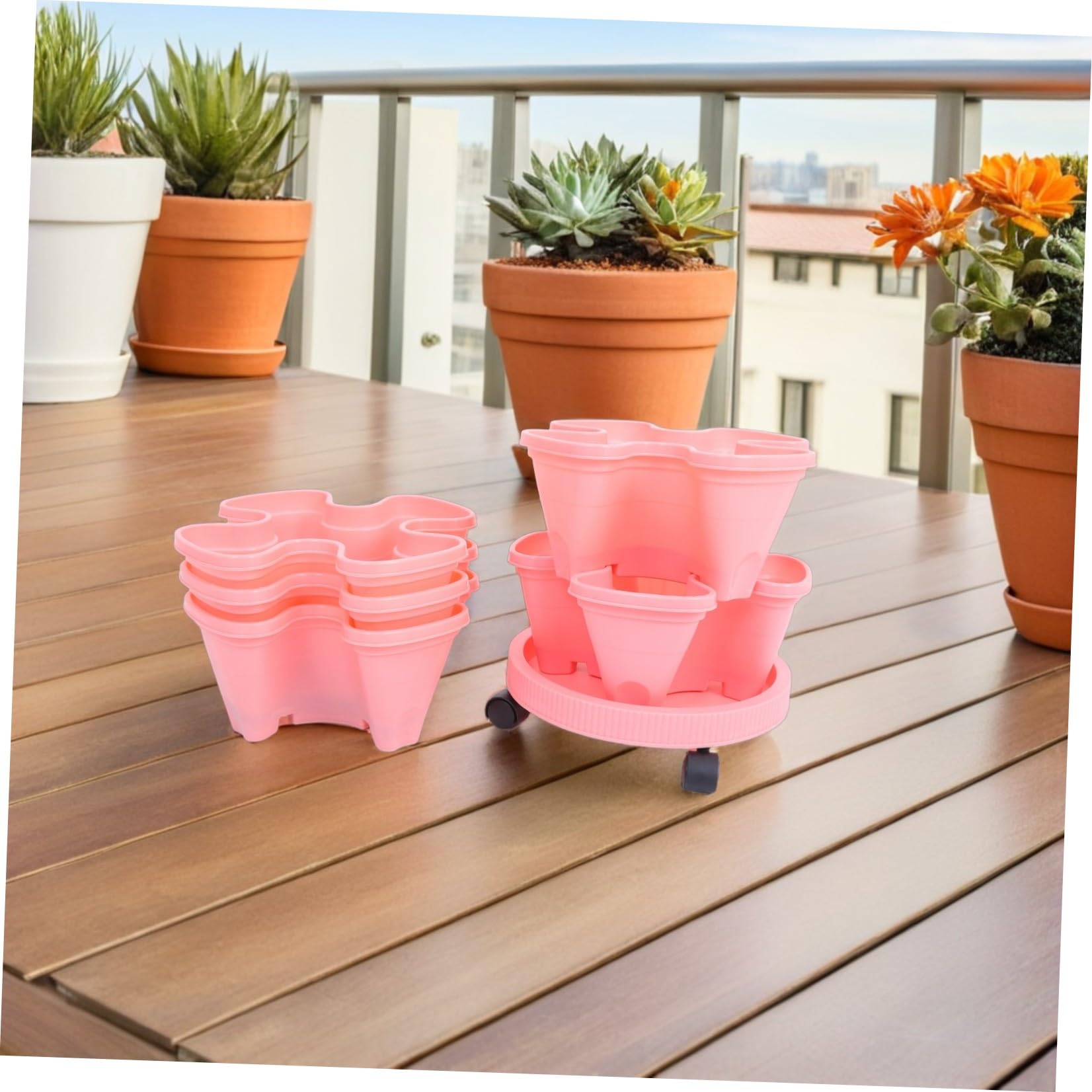 Alipis Jardinière Verticale à Fraises, Tour à Fraisiers en Plastique Abs Rose, Multi-Niveaux Empilable, 28,7 Pouces, pour Balcon et Jardin, Légumes et Herbes, Montage Simple, Mobilité