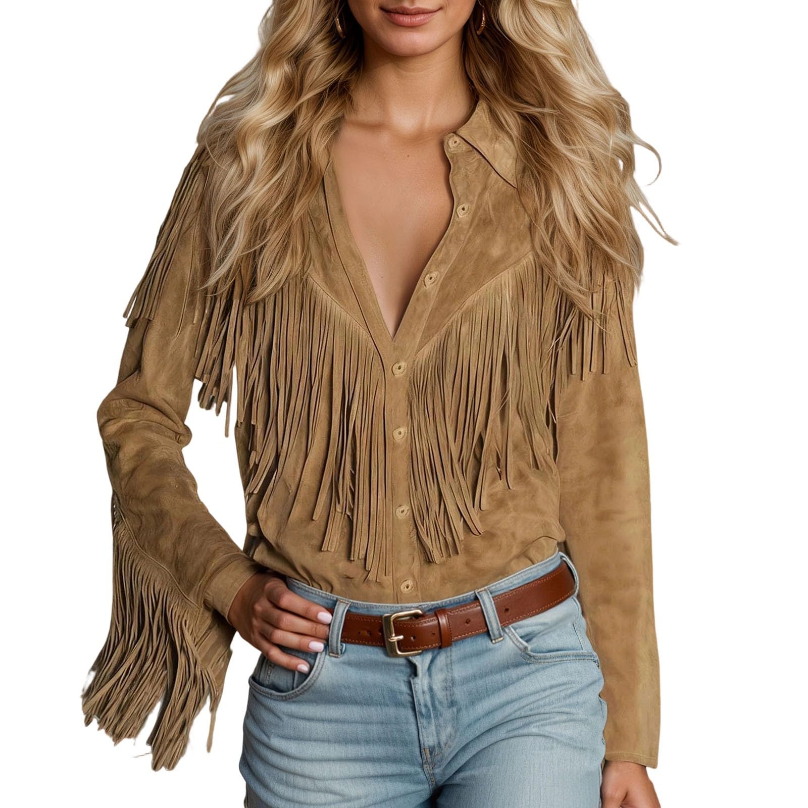 Blusa occidental para mujer con flecos, manga larga, botones hacia abajo, discoteca, vaquera, bohemio, occidental, camisetas de manga larga, sexy, para festival, informal, túnica