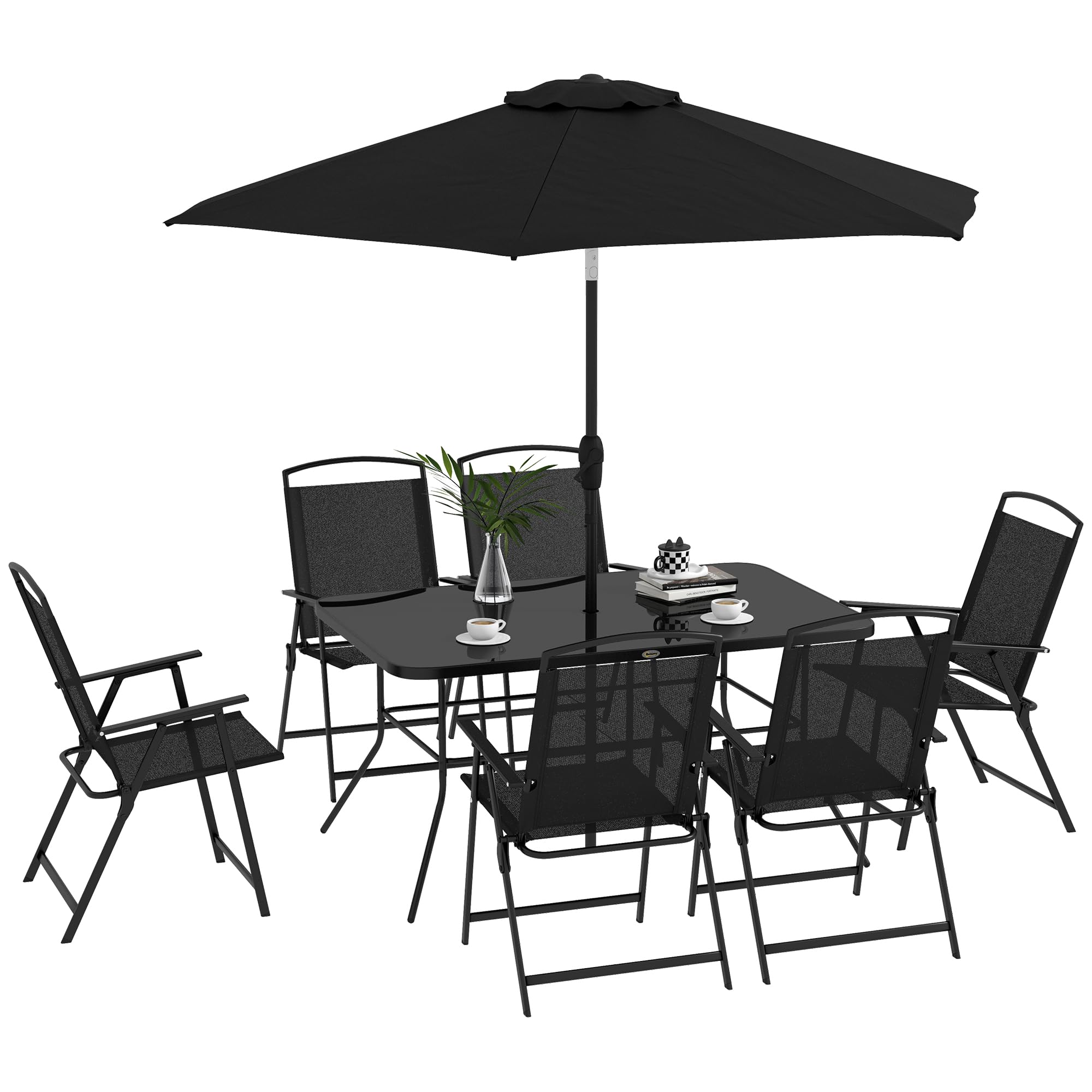 Outsunny Conjunto de Muebles de Jardín 8 Piezas Juego de Comedor de Jardín con 6 Sillas Plegables Mesa de Comedor de Vidrio y Sombrilla Inclinable para Terraza Patio Negro