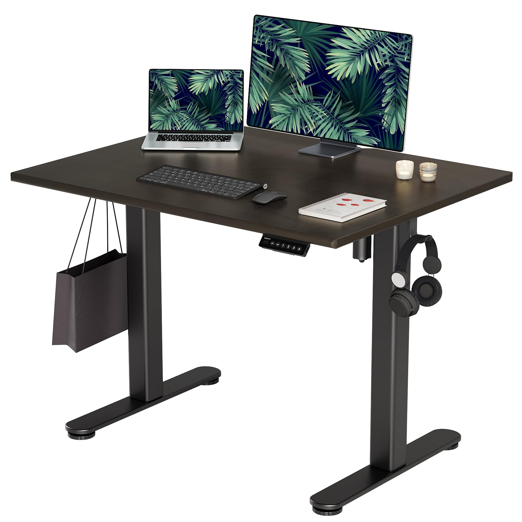INNOVAR Solid Wood Electric Standing Desk, 40x24 Inches Adjustable Height Stand up Desk with Whole Piece Desktop, Sit Stand Home Office Desk Black Frame/Rich Brown Top(incomplete box 1/2)