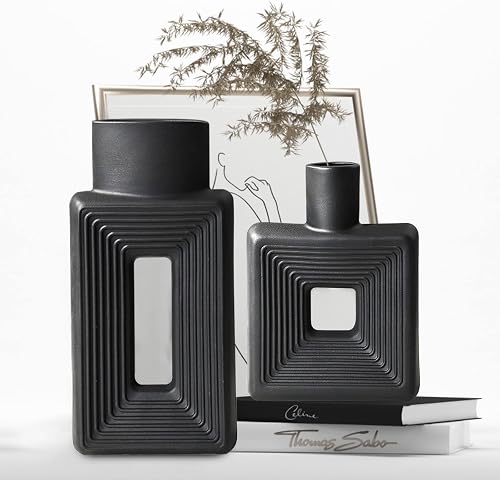 Black Ceramic Vase Set of 2,Square Vase Rustic Home Decor Minimalist Nordic Boho Style for Living Room, Shelf, Table, Bookshelf, Mantel and Entryway Decor Vases