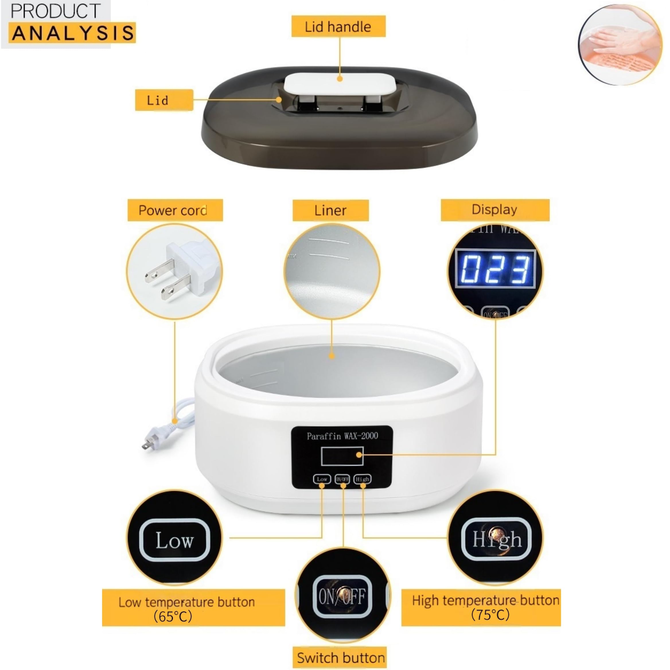 Dispositivo per bagno di paraffina, per uso domestico, scaldacera a paraffina, temperatura regolabile, 2000 ml, bagno di paraffina, spa per le mani, per uso domestico e professionale